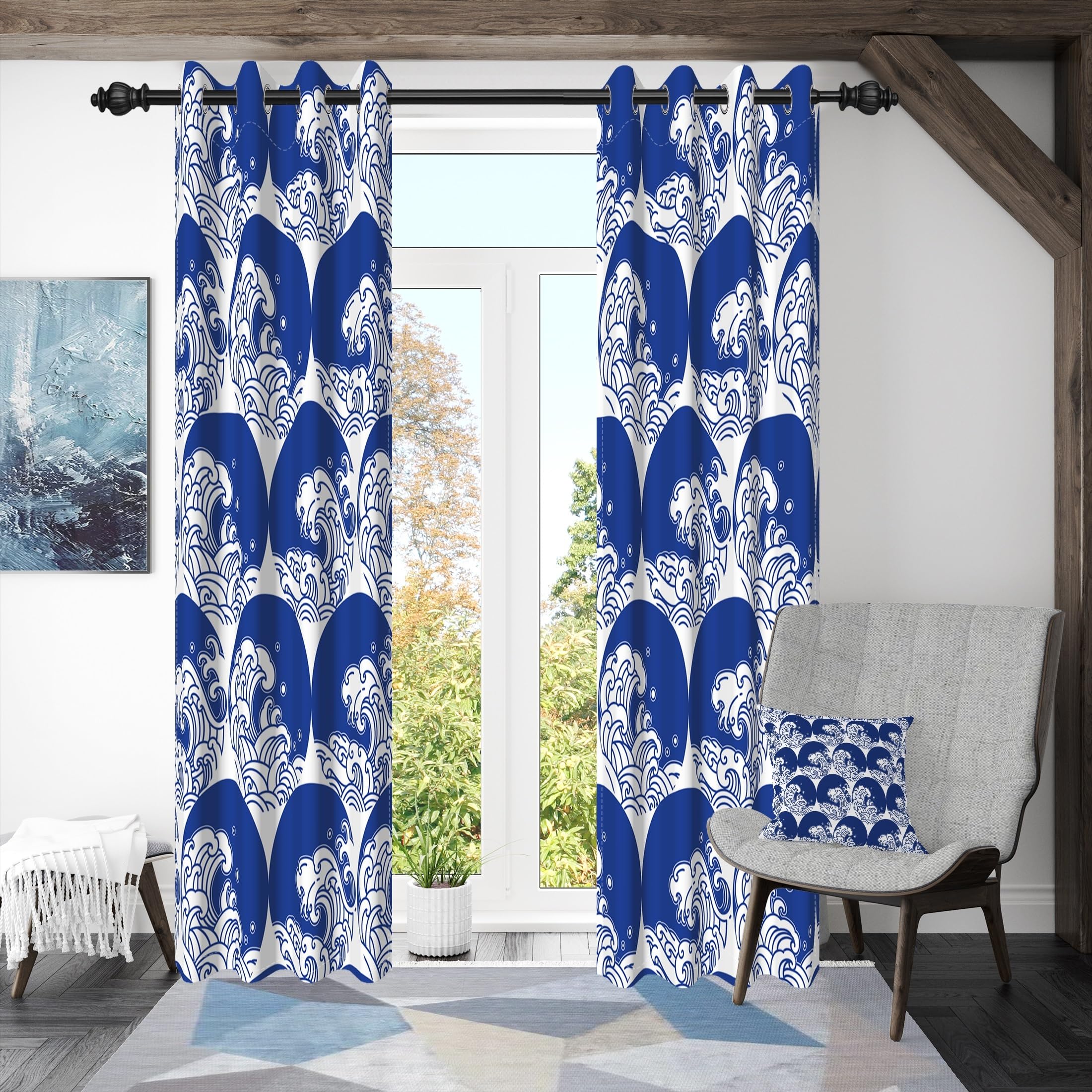 135x229cm Tenda oscurante a onde Navy Stile giapponese Surf Ocean Modello artistico Tende Isolamento termico per finestre occhielli per Soggiorno Camera da letto Sala da pranzo,2 Pannello