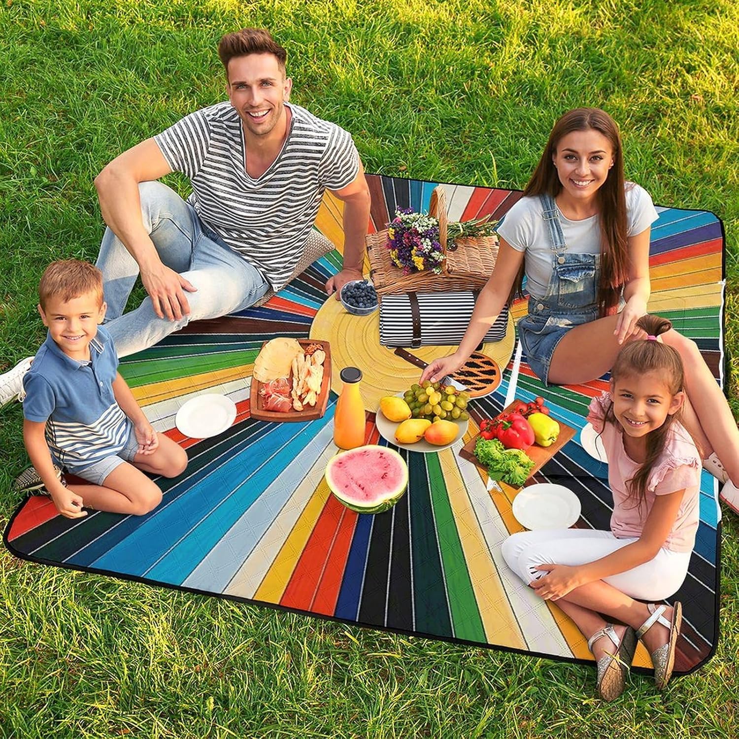Retro Boho Sun Picnic Blanket 150x150cm, Foldable 2-in-1 Picnic Mat and Tote Bag Portable Waterproof Beach Mat Sandproof Outdoor Blanket for Park, Hiking, Beach, Camping, Travel