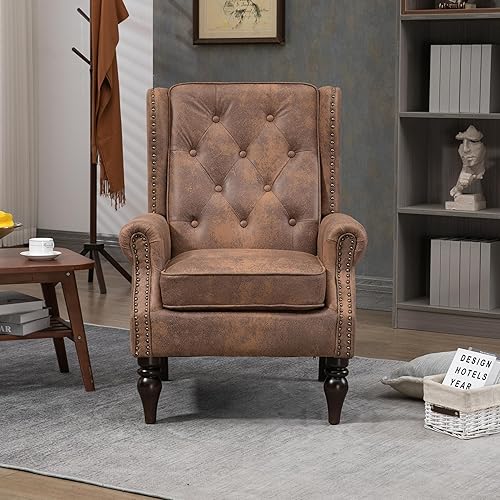 Miniatura 3 de Henf Sillón moderno tapizado con patas de madera resistentes y respaldo alto, sillón de tela para oficina, para sala de estar, dormitorio (café)