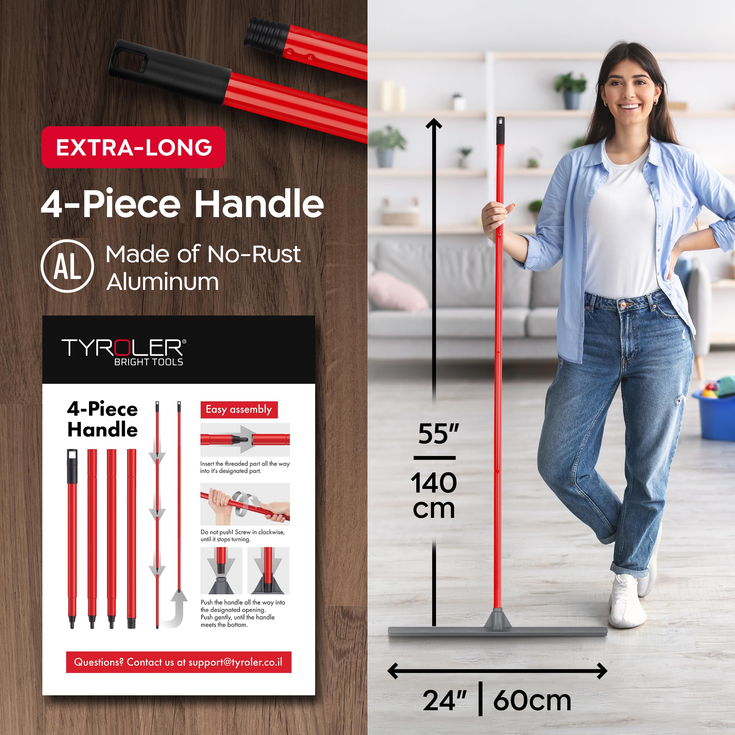 Tyroler Empujar y Tirar Escobilla de Goma 60 cm | Cabezal de 100% Silicona | | Mango de 140 cm Haragán para Suelo, Ducha, Baño, Garaje y Terraza | Escoba de Goma para Suelo | Araganes
