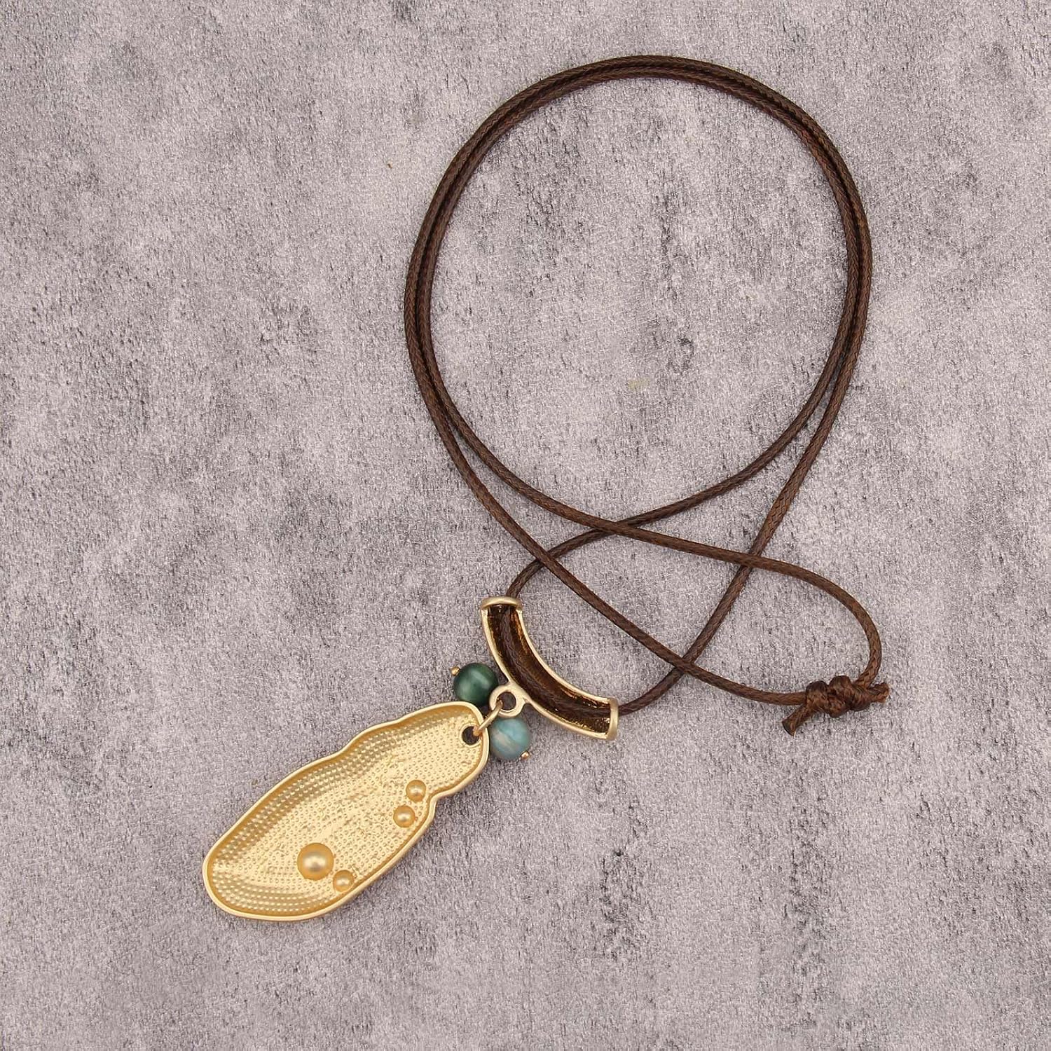 Bohemian Necklaces for Women Long Leather Necklace with Large Pendant Chunky Boho Hippie Jewelry Pendant Chocker Necklace
