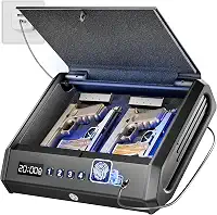 O cofre biométrico grande para armas serve para 4 pistolas, 100 conjuntos de cofre de armas de impressão digital com luz interna e modo silencioso, fonte de alimentação de emergência, caixa de trava