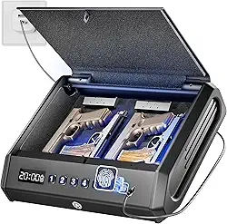 O cofre biométrico grande para armas serve para 4 pistolas, 100 conjuntos de cofre de armas de impressão digital com luz interna e modo silencioso, fonte de alimentação de emergência, caixa de trava