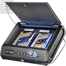 O cofre biométrico grande para armas serve para 4 pistolas, 100 conjuntos de cofre de armas de impressão digital com luz interna e modo silencioso, fonte de alimentação de emergência, caixa de trava