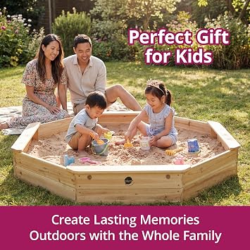 Plum Wooden Large Sandbox with Cover - Outdoor Octagon Sand Box for Kids, Toddler Sensory Toys, Outdoor Wooden Sand Pit with Seat Boards and Bottom Liner, Weatherproof, Easy Assembly, Ages 3+ Years