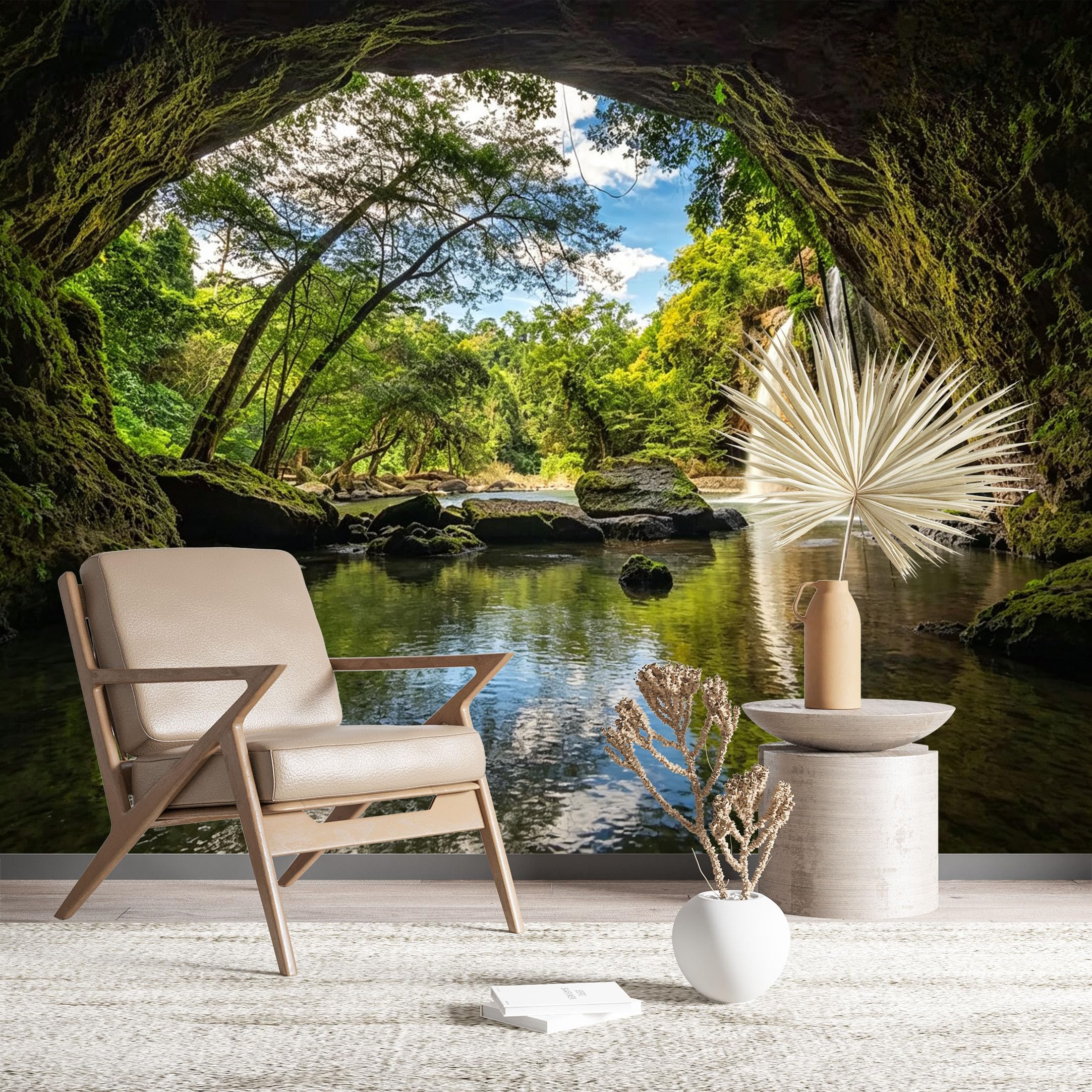 Custom Size Wall Murals Waterfall Seen Through Mossy Cave Wall Murals Nature Wallpaper Wall Stickers Self-Adhesive Removable Wallpaper for Living Room Bedroom