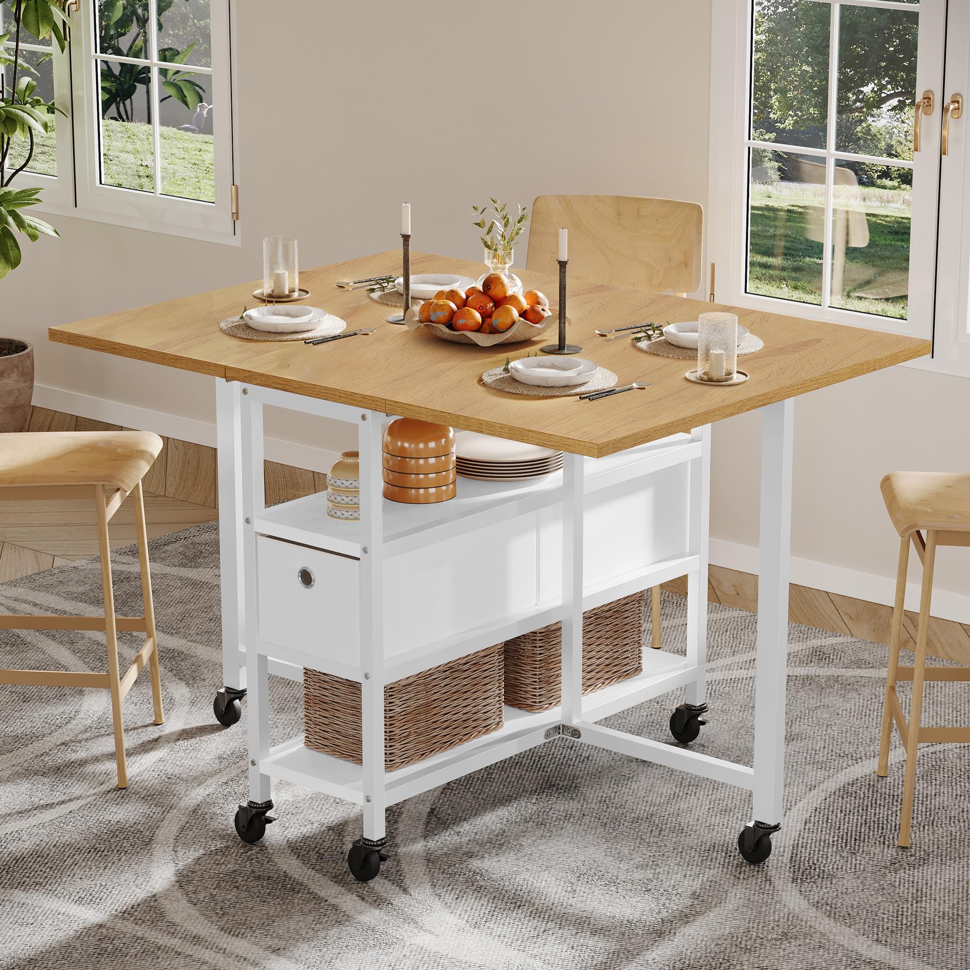 YITAHOME Table de Salle à Manger Pliable, Table Rabattable Mobile avec 6 roulettes et tiroirs de Rangement pour Petits espaces, Cuisine, Salle à Manger, Chêne Jaune et Blanc