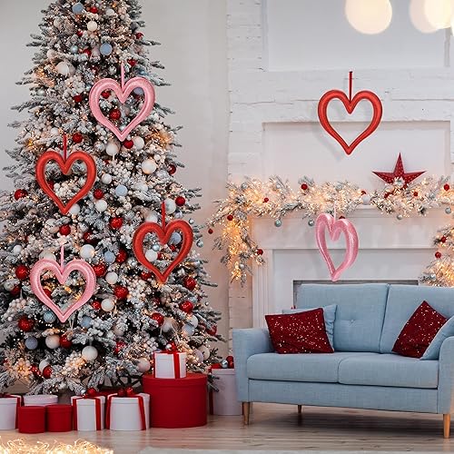 Miniatura 5 de Aneco 8 adornos colgantes de corazón para el día de San Valentín para árbol de 9.45 pulgadas, decoraciones 3D en forma de corazón, corona de