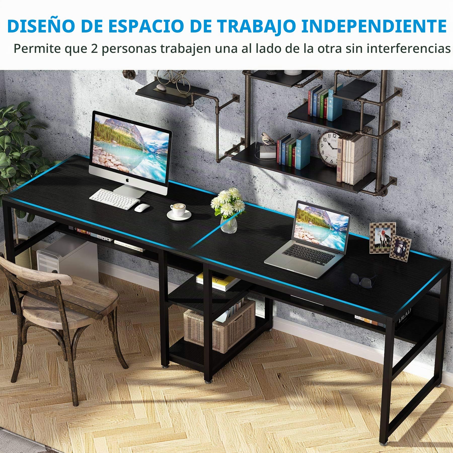 Tribesigns Escritorio doble para dos personas con biblioteca, escritorio doble para dos personas, estación de trabajo rústica con estante para oficina en casa (negro)