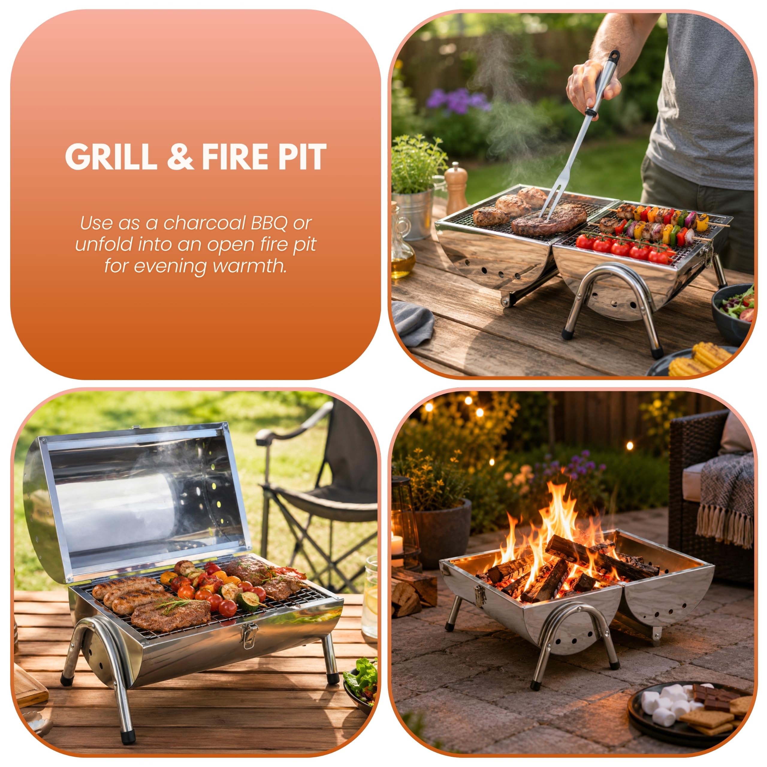 Garden Mile Parrilla grande de carbón de acero inoxidable para barbacoa de medio barril abierto, portátil, parrilla de carbón con mango de madera para el hogar, bar, jardín, fiesta