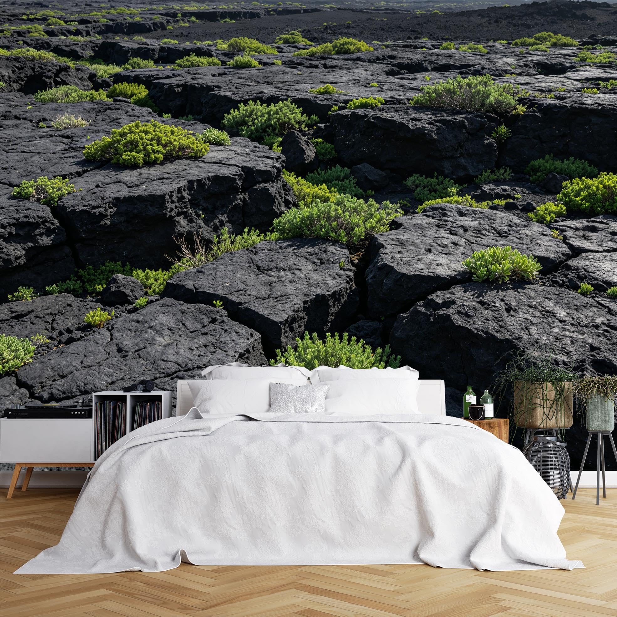 Murale Panoramico in Pietra Lavica Nera, Carta da Parati in Vinile Denso Resistente Impermeabile Autoadesiva per Paesaggi Vulcanici Naturali e Rimosso, 400×280Cm (157×110inch)