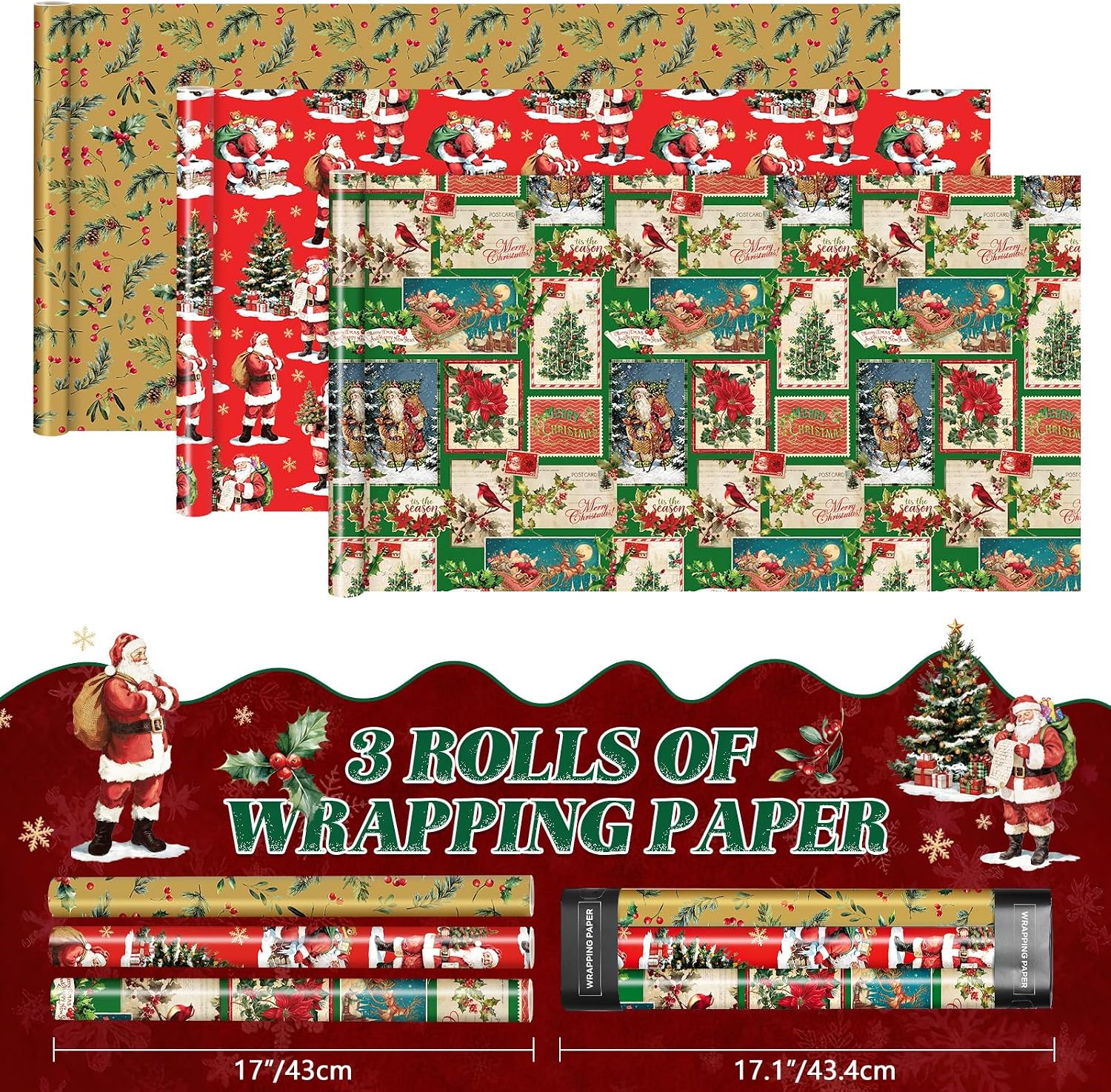 WERNNSAI Vintage Christmas Wrapping Paper 3 x 10 Ft Santa Deliver Gift Wrap image 2