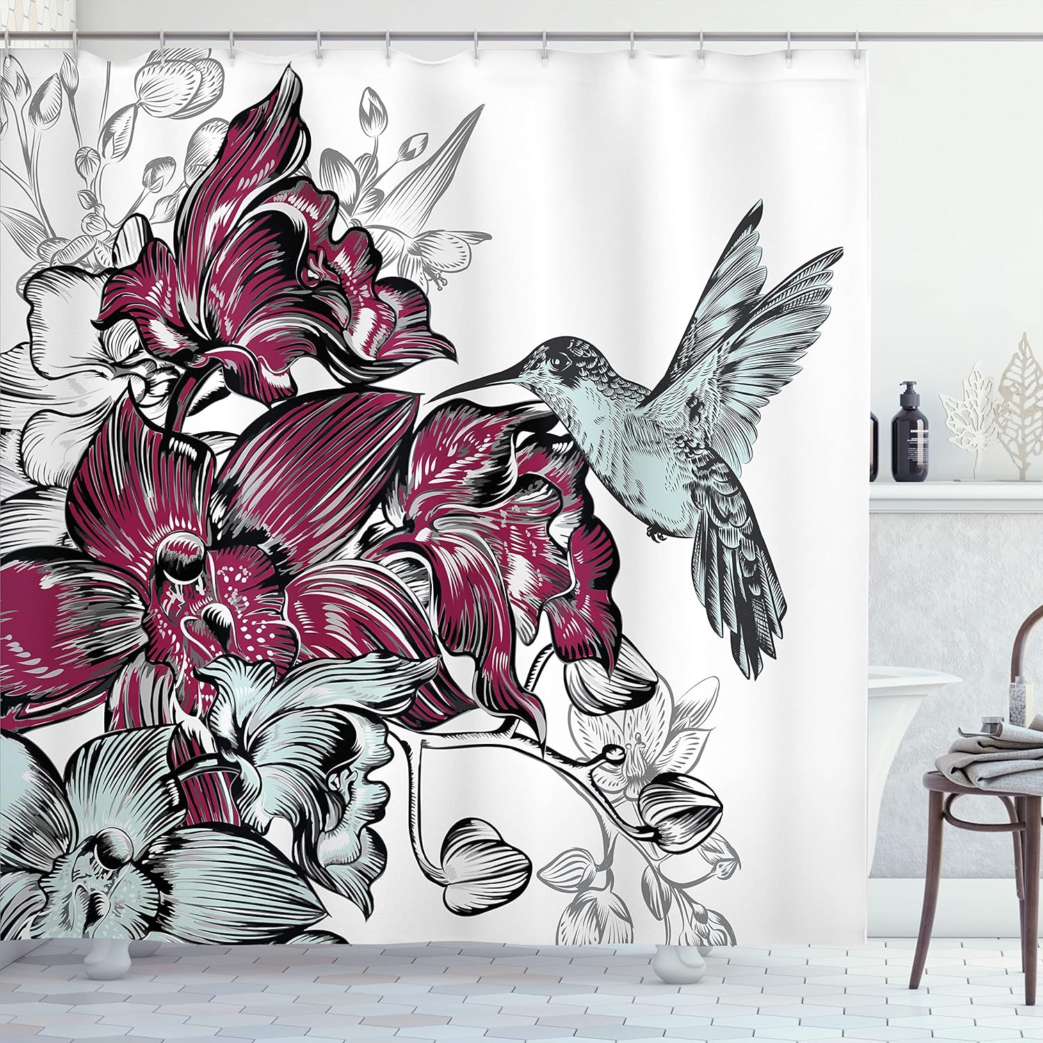 Ambesonne Hummingbird Shower Curtain, Orchid Flowers Bouquet and a Hummingbird Nature Wildlife Design Print, Cloth Fabric Bathroom Decor Set with Hooks, 69" W x 75" L, Burgundy