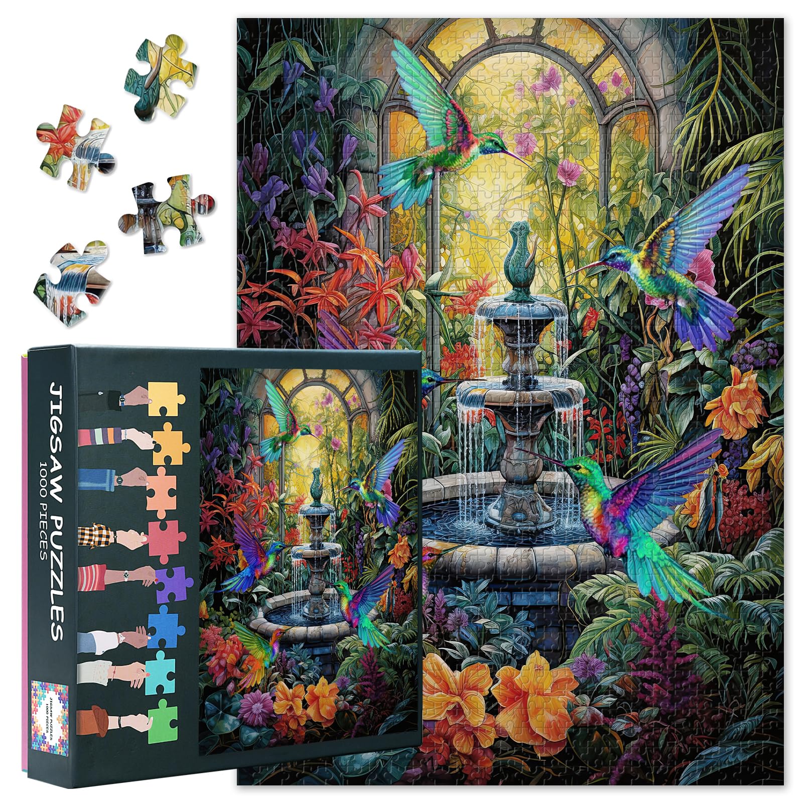 1000 Pieces Jigsaw Puzzles for Adults Colored Fountain, Hummingbird Large Format Jigsaw Puzzle Flower Challenging Puzzle Educational Puzzles Game for Adults, Families 27.5" x 19.6"