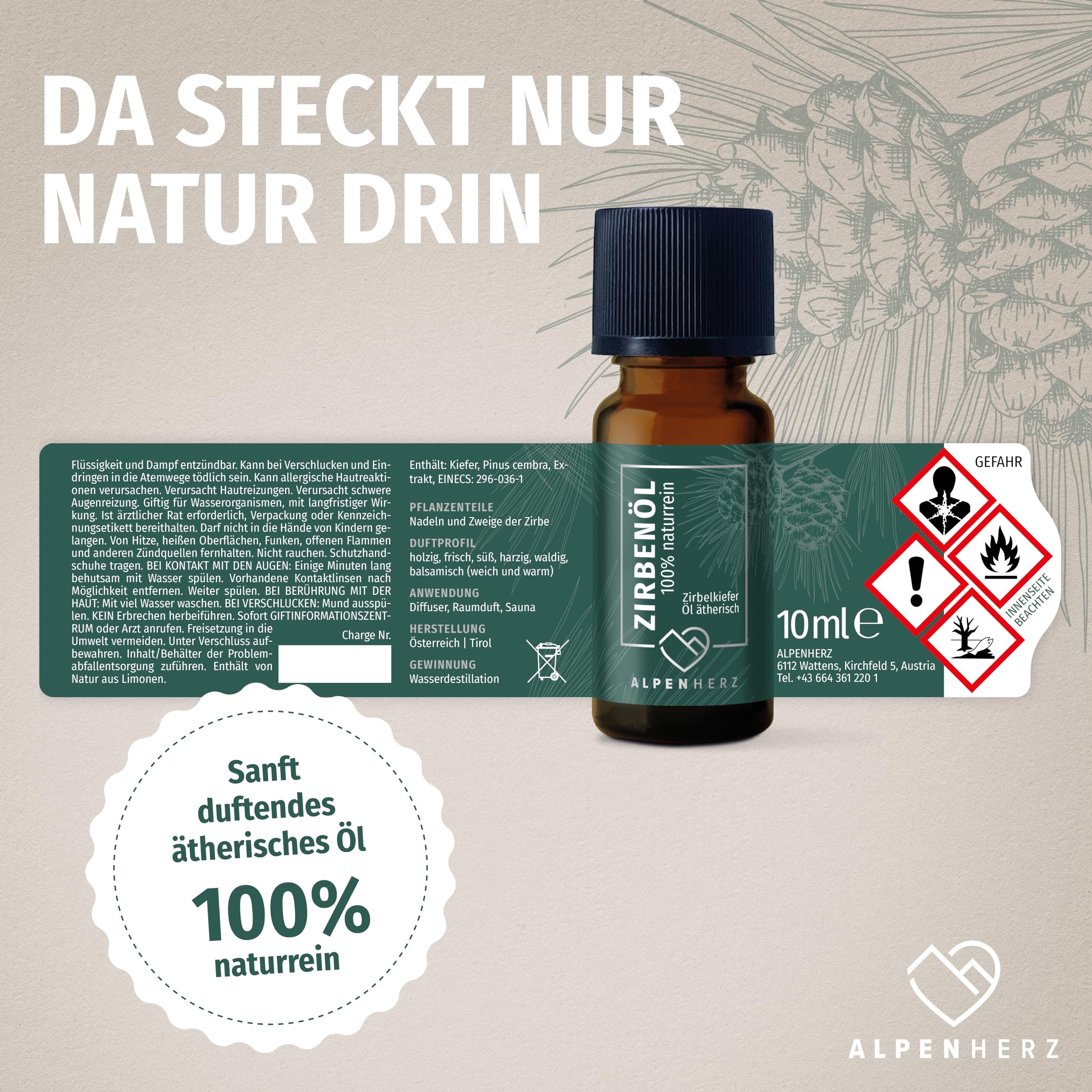 ALPEN HERZ Zirbenwürfel Set - Zirbenöl 10 ml naturrein aus Österreich - Zirbenholz Würfel Duftspender Zirben Duft Holz zur Deko Zirbe Diffuser Geschenke Zirbelkiefer Zirbenlüfter Zirbenset (Bergmotiv)