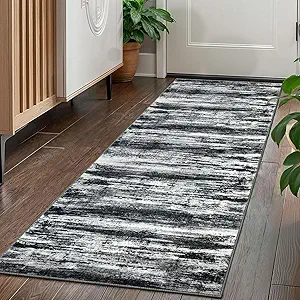 KOZYFLY Modern Abstract Kitchen Runner Rug, 2x5 Washable Rug Runner Non-Slip Soft Striped Hallway Runner Rugs, Black Navy Blue Grey Carpet Runner for Entryway Bathroom Laundry Room Foyer