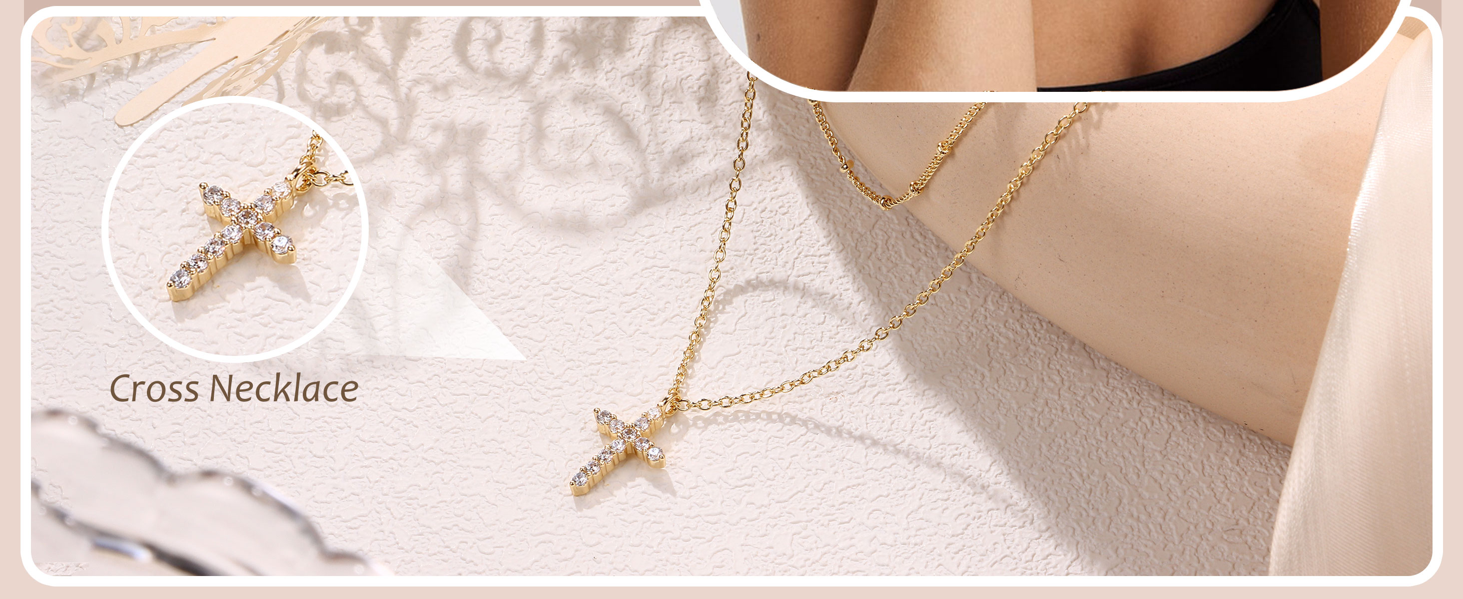Collana Donna A Strati In Ottone Placcato Oro 14K, Con Pendenti Malocchio, Cerchio E Croce In Zirconi 5A, Lunghezza Regolabile 35-46 Cm, Ipoallergenica - 3