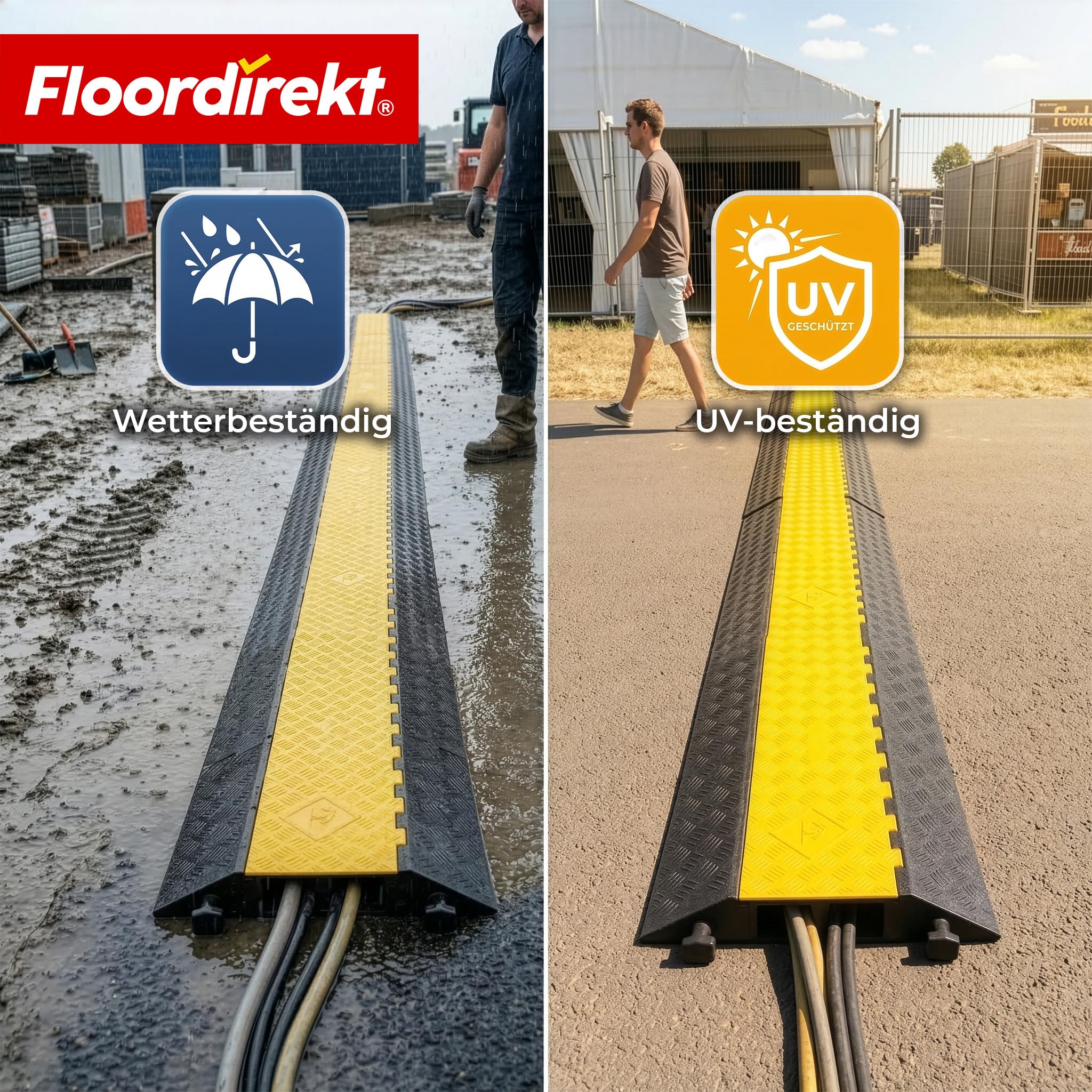 Floordirekt Kabelschutzmatte - Bis 20 Tonnen - Überfahrschutz für Kabel, Kabelbrücke aus Gummi für Parkplätze, Lagerhäuser (Schwarz-Gelb, 2 Kanäle 90 x 61,5 x 10,5 cm - Torus)