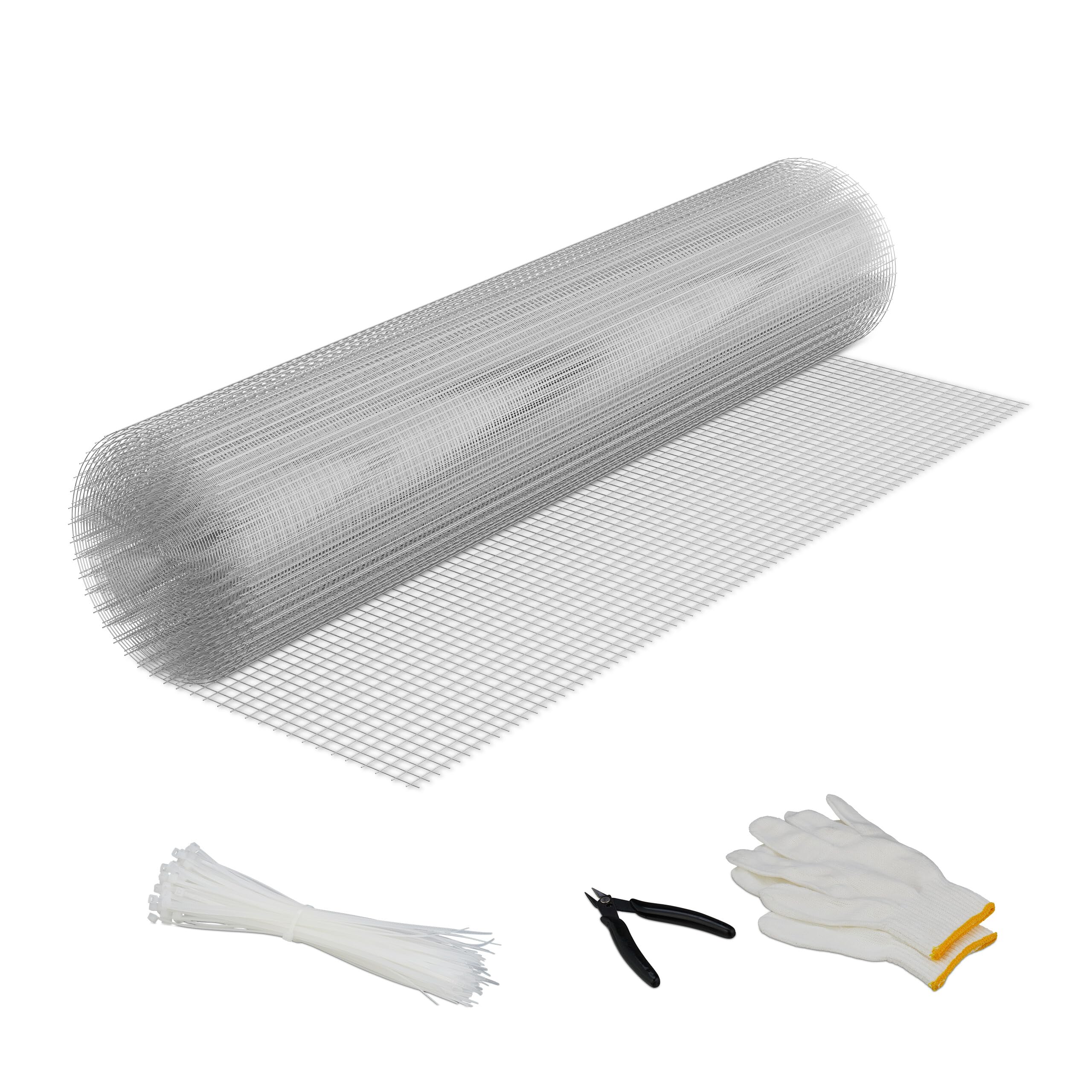 Relaxdays Malla Gallinero, 1x20 m, Rejilla para Vallas, 12,7x12,7 mm, Alambrada Conejera y Corral, Galvanizada, Plateado