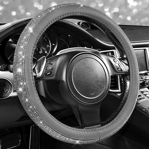 CAR PASS Funda para volante de piel con diamantes de imitación brillantes, ajuste universal de 14 pulgadas, 12-15 pulgadas, protector de volante de