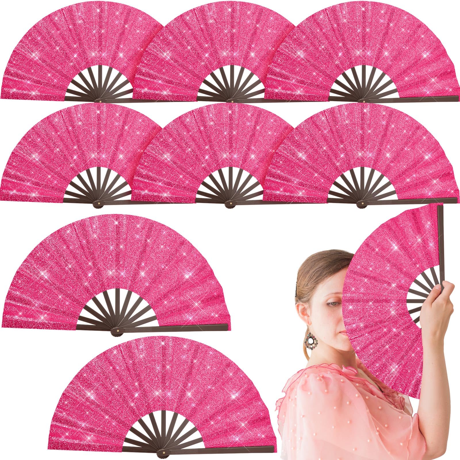 Wenqik 9 Pcs Glitter Rave Fan Christmas Decoration Folding Hand Fan Foldable Chinese Fan Large Clack Xmas Kung Fu Fan for Christmas Home Dance Club Festival Party Stage Performance Decoration(Pink)