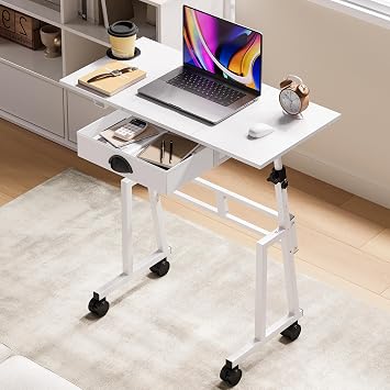 Honkazita Height Adjustable Standing Desk with Storage Drawer, White | Rolling Desk for Treadmill Walking Pad, Small Sit-Stand Desk with Lockable Wheels, Height Range 31.5"-43.3", Stable Design