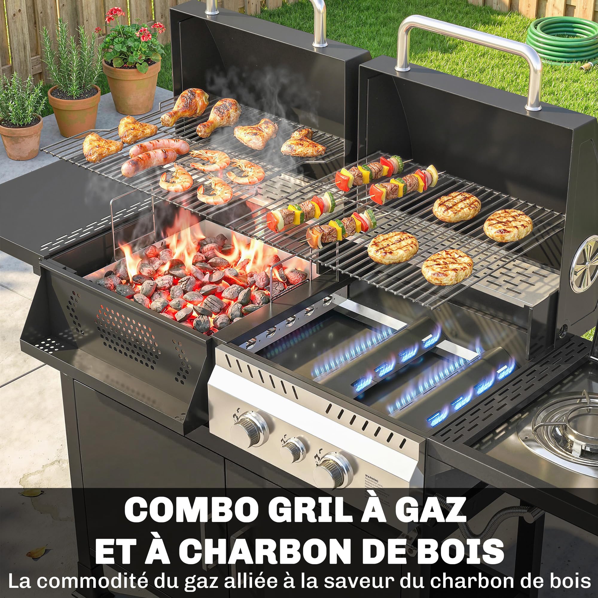 Outsunny Barbecue Hybride Gaz et Charbon de Bois - Barbecue Mixte 2 en 1 avec 3 Brûleurs et Feu Latéral - avec Thermomètre, Cabinet de Rangement et Décapsuleur, Noir