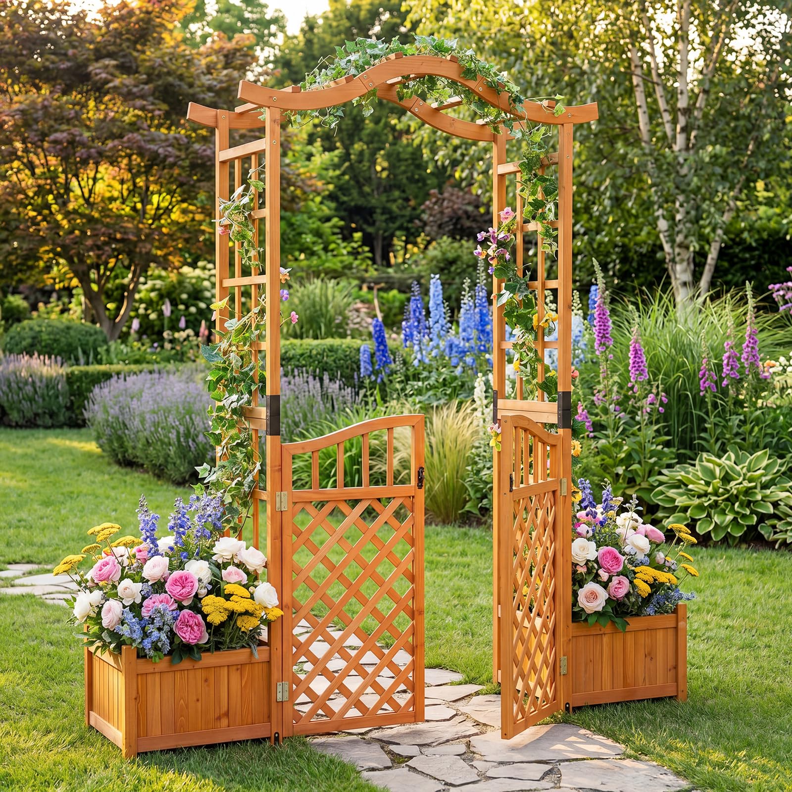 HOMASIS Arco da Giardino con Fioriera, Pergolato per Piante Rampicanti in Legno di Abete, Arco da Esterno con Cancello Chiudibile, Fori di Drenaggio e Pannello Rimovibile, 185 x 46 x 210 cm