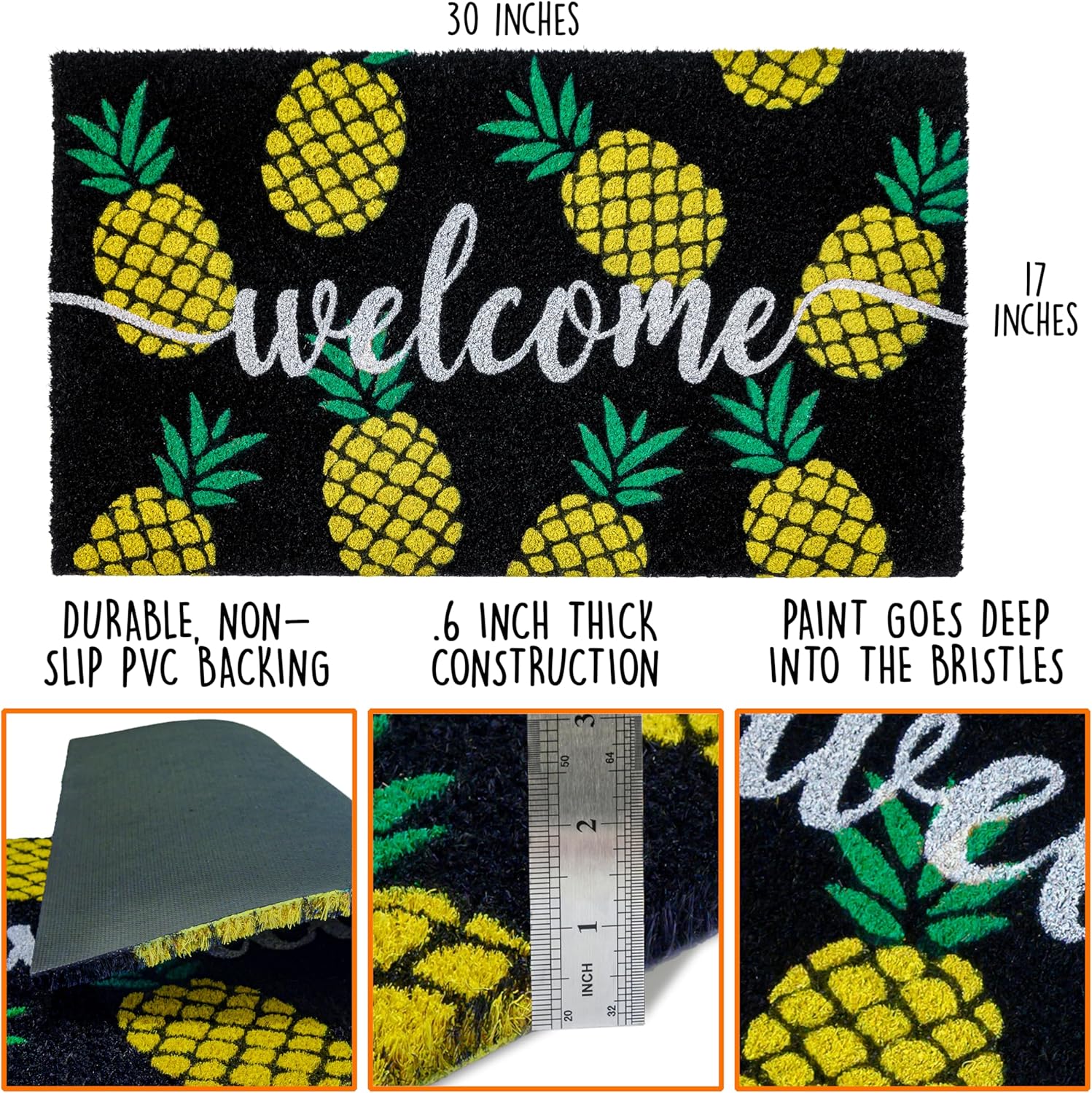 MAINEVENT Pineapple Doormat 30x17 Inch, Tropical Door Mat for Covered Outdoor Area, Tropical Outdoor Welcome Mat, Summer Door Mat