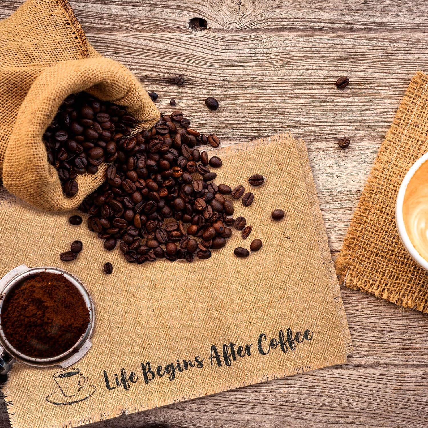 4 Pieces Burlap Coffee Placemat Coffee Maker Placemat Decoration for Kitchen, Cafes, 18 x 12 Inch