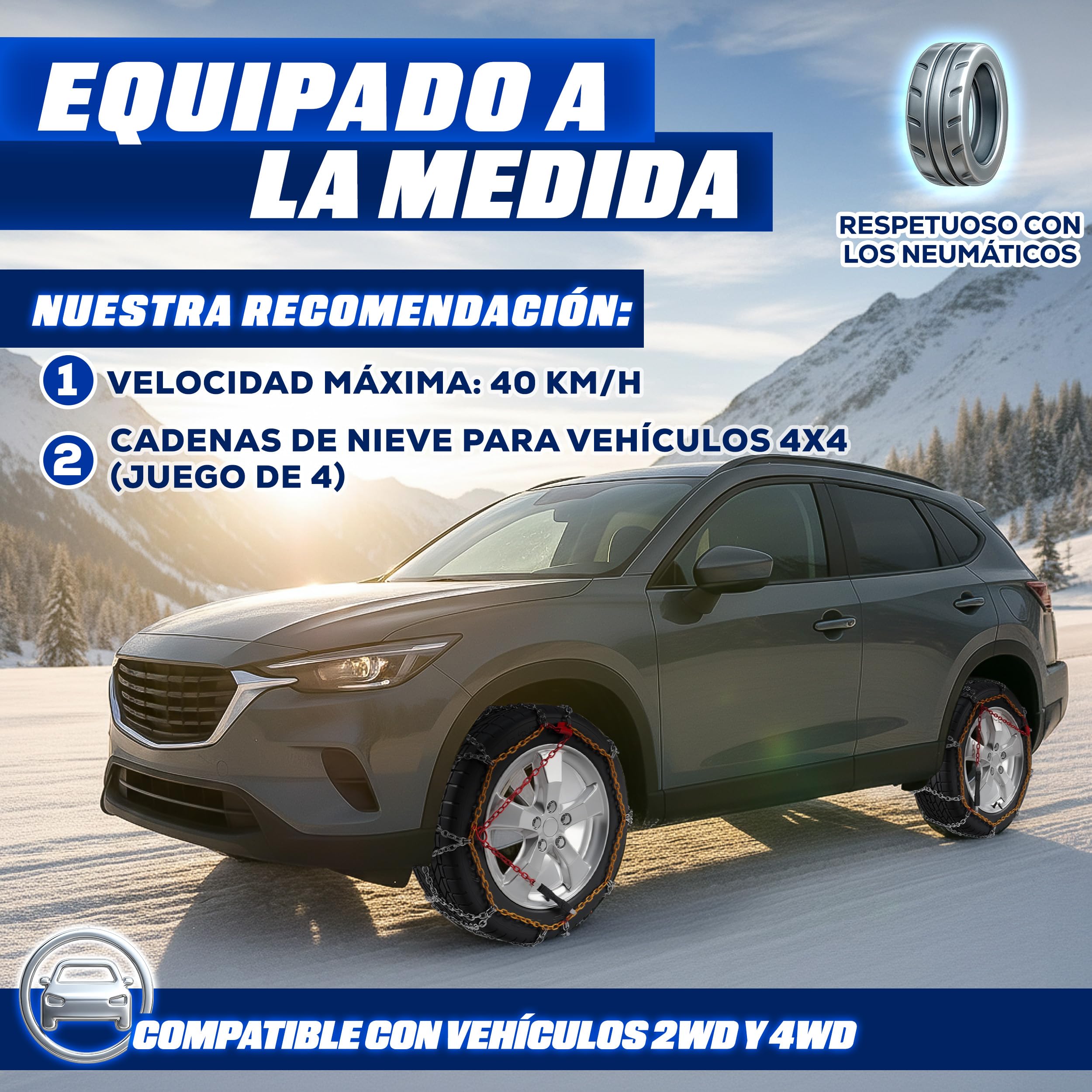 TRESKO 2x Cadenas de nieve para coche, incluye guantes y caja de almacenamiento, cadenas de neumáticos de metal para coches, cadenas de nieve EN 16662-1 & ÖNORM V5117 | Montaje rápido | para delantero