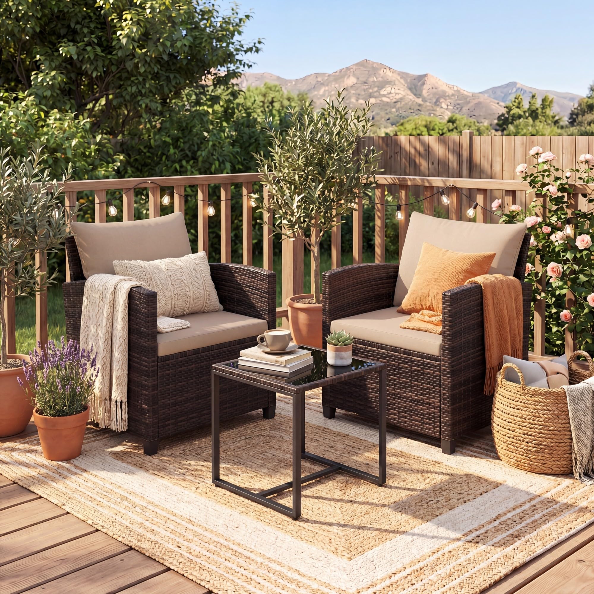 GIANTEX Juego de Muebles Jardín Exterior 3 Piezas, 2 Sillones con Cojines y 1 Mesa de Café de Vidrio, para 2 Personas, Conjunto de Conversación para Balcón, Terraza, Patio (Marrón+Café)