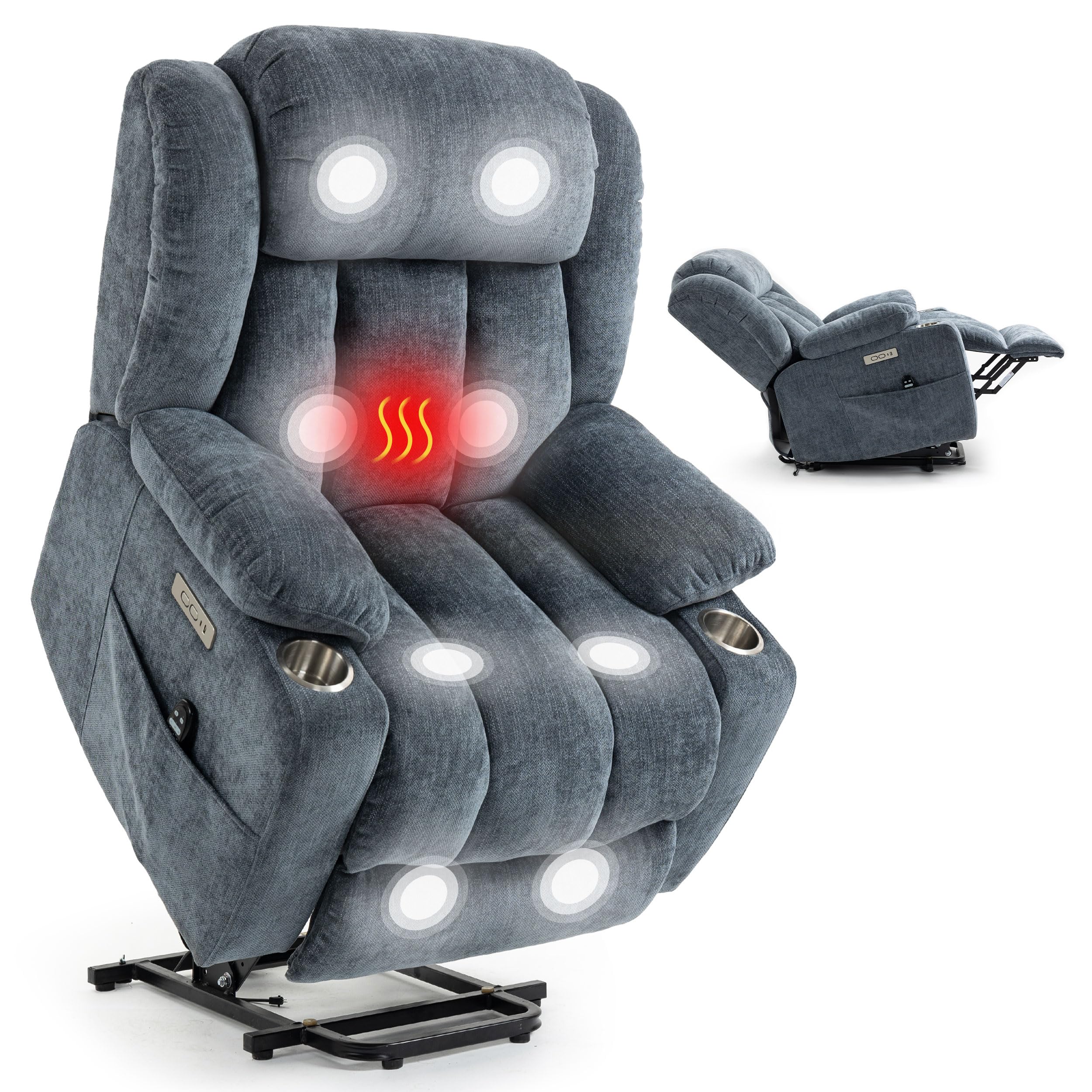 Power Lift Recliner Chair for Elderly People, Recliners Chair with Vibration Massage and Heat, Standing Assistance Reclining with Cup Holders&amp;Charging Ports, Chenille Fabric Grayish Blue