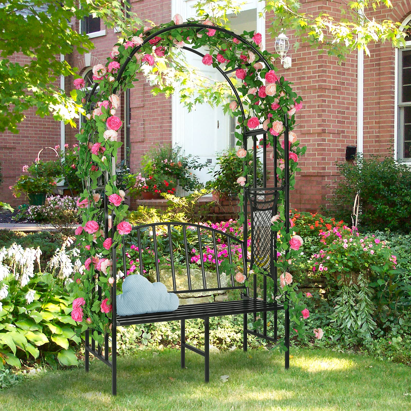 Arco de jardín resistente (soporta 660 libras-551.2 lbs) | Arco de árbol de metal para plantas trepadoras y banco de asiento para dos personas | Decoración de patio trasero de césped al aire libre 81 8
