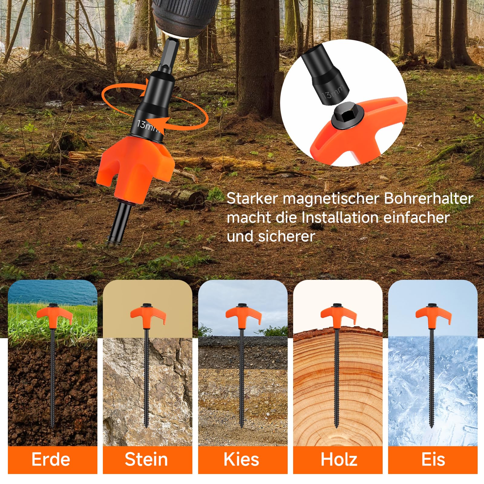 Zeltheringe Sturmsicher, 20cm Heringe Camping, Drehbare Zeltheringe mit Gewinde, Tellerkopfschrauben zum Schrauben mit Elektrophorese-Schicht, Stahl Schraubheringe Vorzelt, Erdnägel für Harte Böden