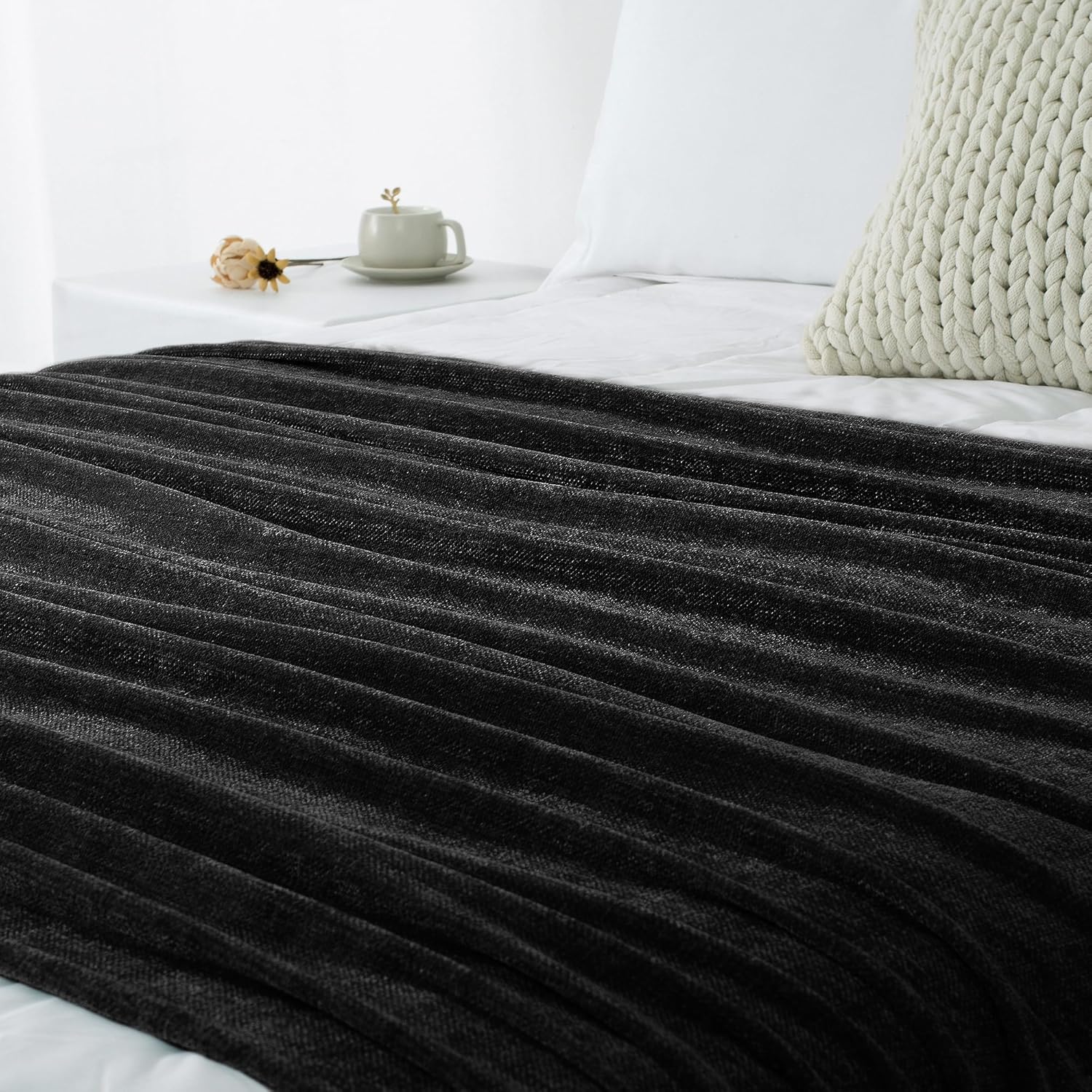 Chenille Throw Blanket for Couch 50"X 60", Soft Cozy Throws with Fringe Tassel for Bed Sofa Chair Cover, Lightweight Knitted Decorative Boho Blankets for Living Room, Black - Image 9