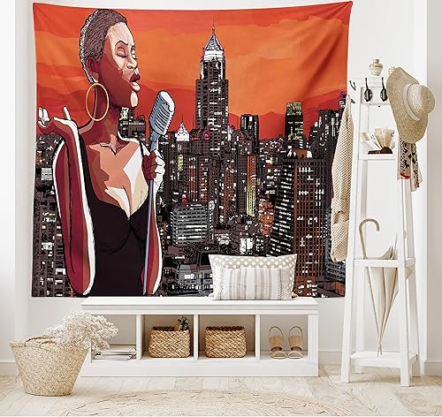 Miniatura 2 de Ambesonne Tapiz africano, cantante de jazz en el techo de Nueva York, paisaje urbano, música urbana, ilustración de ciudad popular, colgante de