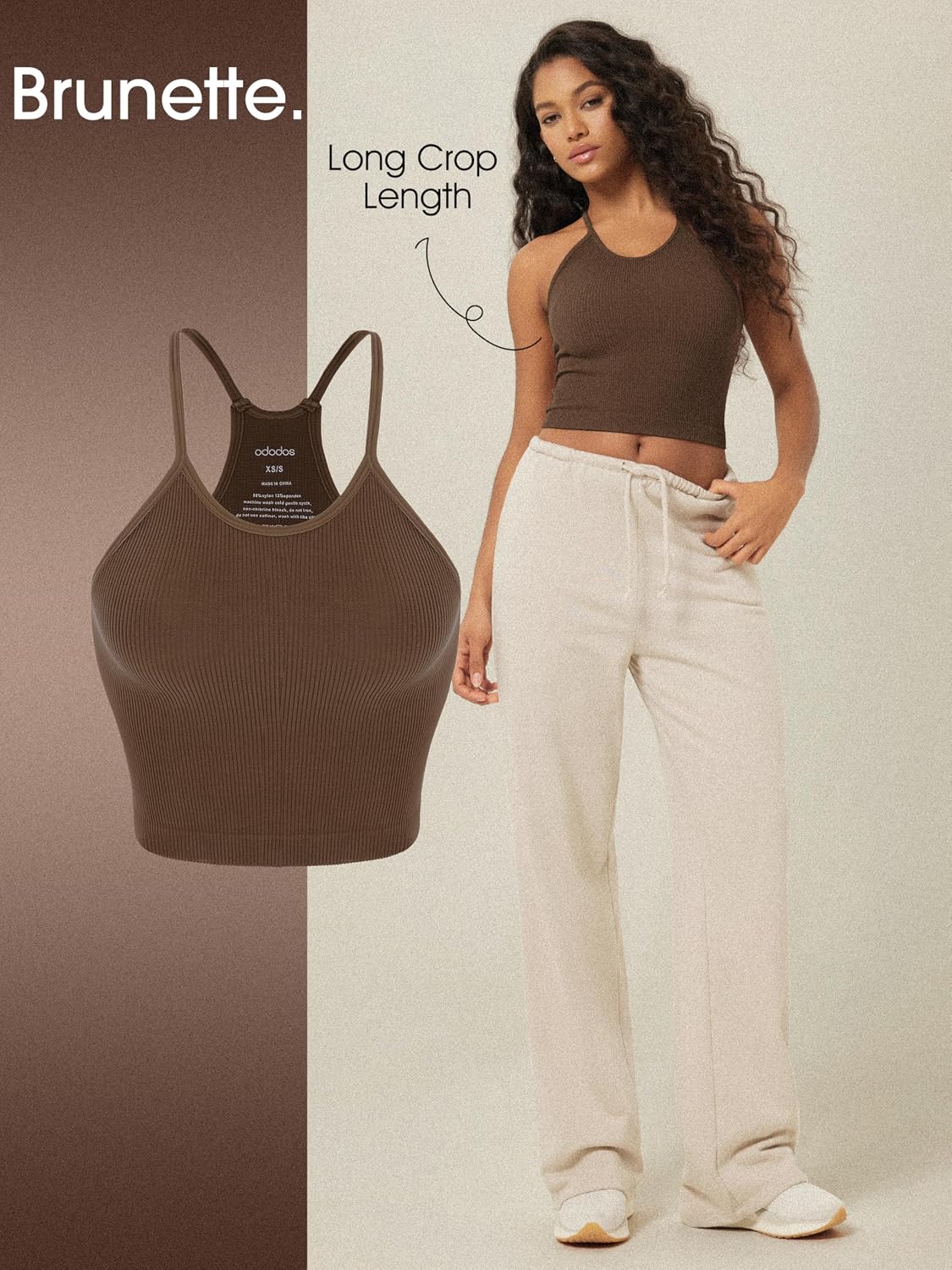 ODODOS Women's Crop Camisole 3-Pack Seamless Rib-Knit Crop Tank Tops, Long Crop, Brunette+Clay+Mushroom, Medium/Large image 3