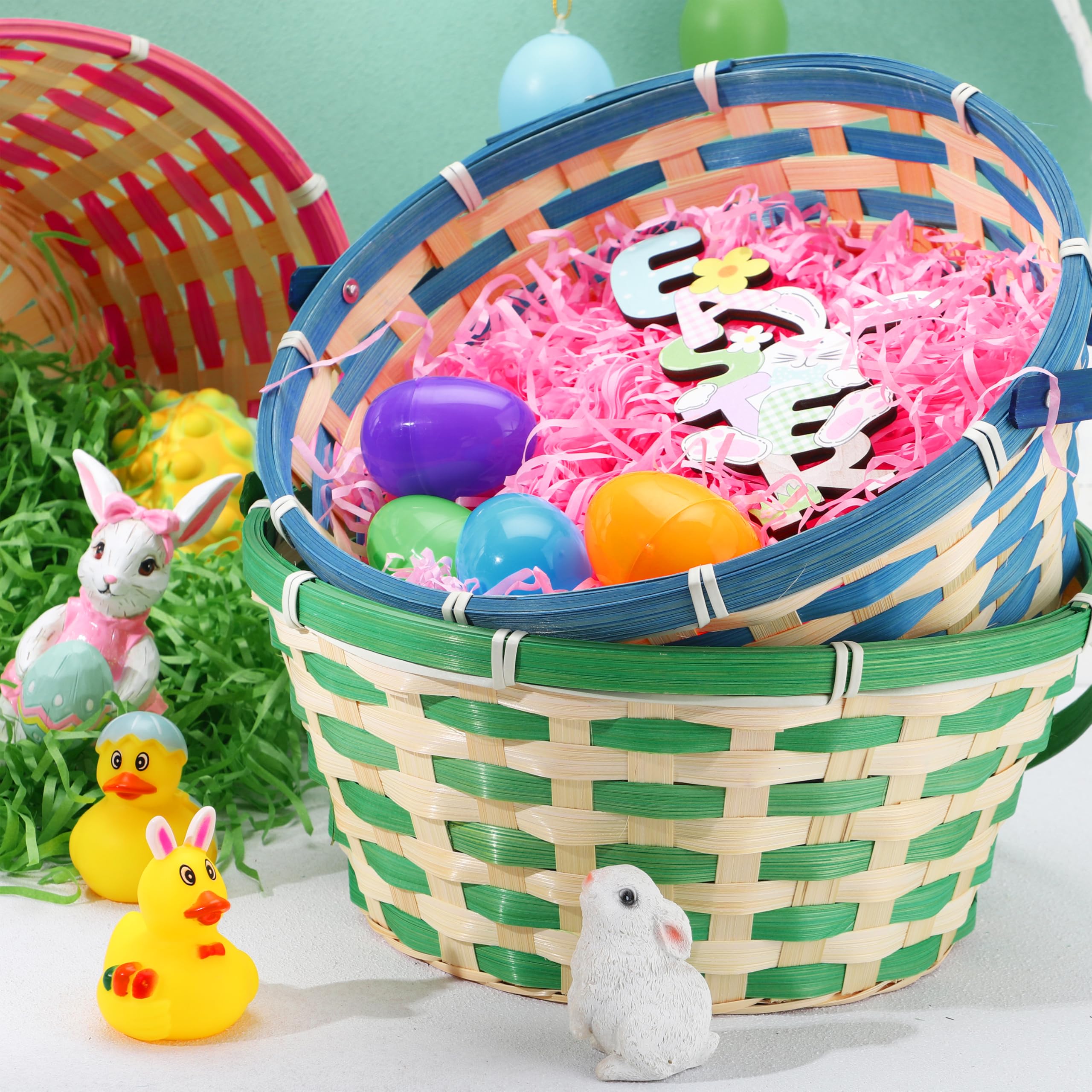 JOYIN Gewebte Osterkörbe mit Griff für Ostereiersuche, Kinderpartyzubehör, Füllung mit Süßigkeiten-Partygeschenken (grün, blau, rosa), 3 Stück
