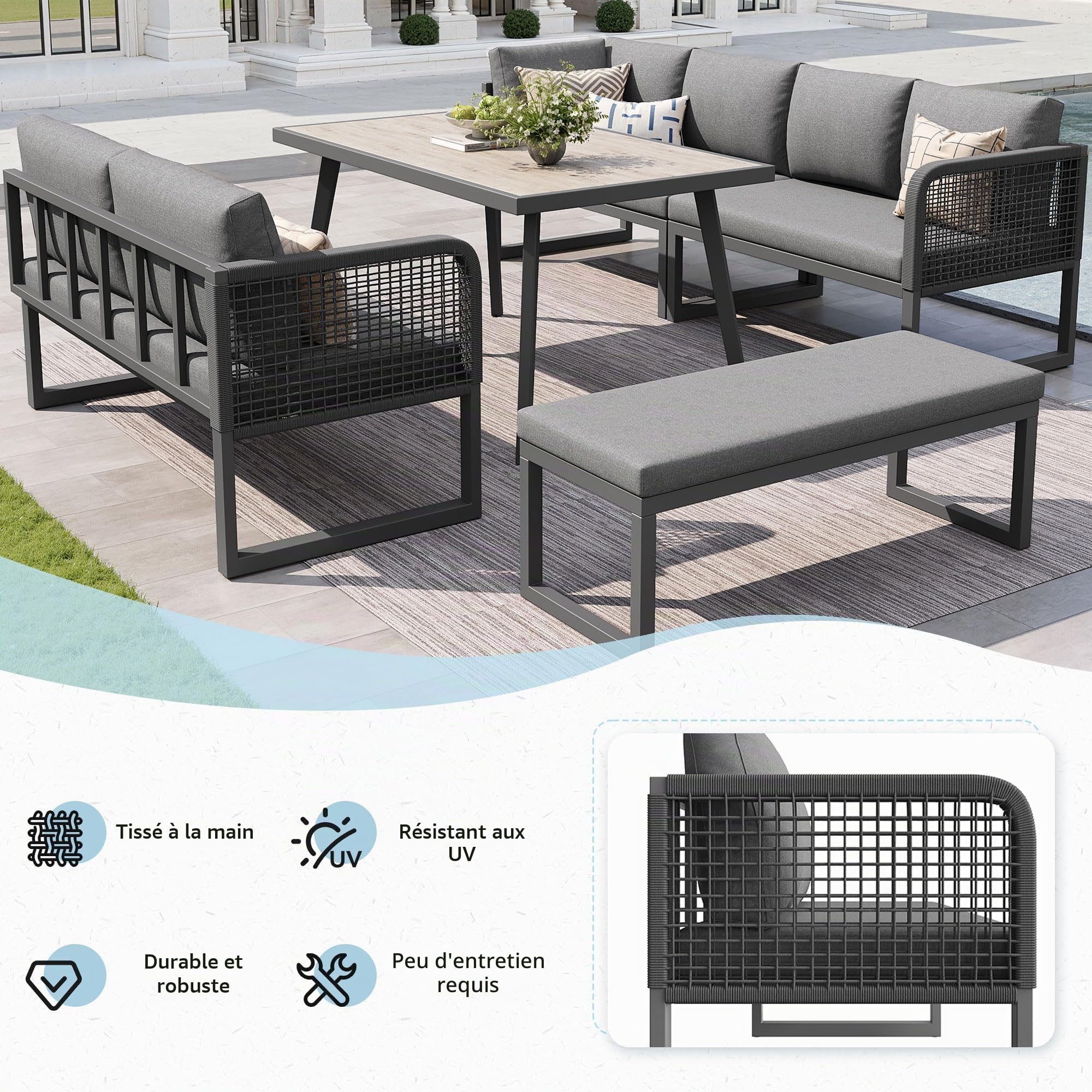 Sapgaks Salon de Jardin d'extérieur 6-8 Places,Canapé d'angle extérieur en L avec Coussin et Table,Rotin PE tissé à la Main,Ensemble de canapé de Jardin résistant aux intempéries,Gris
