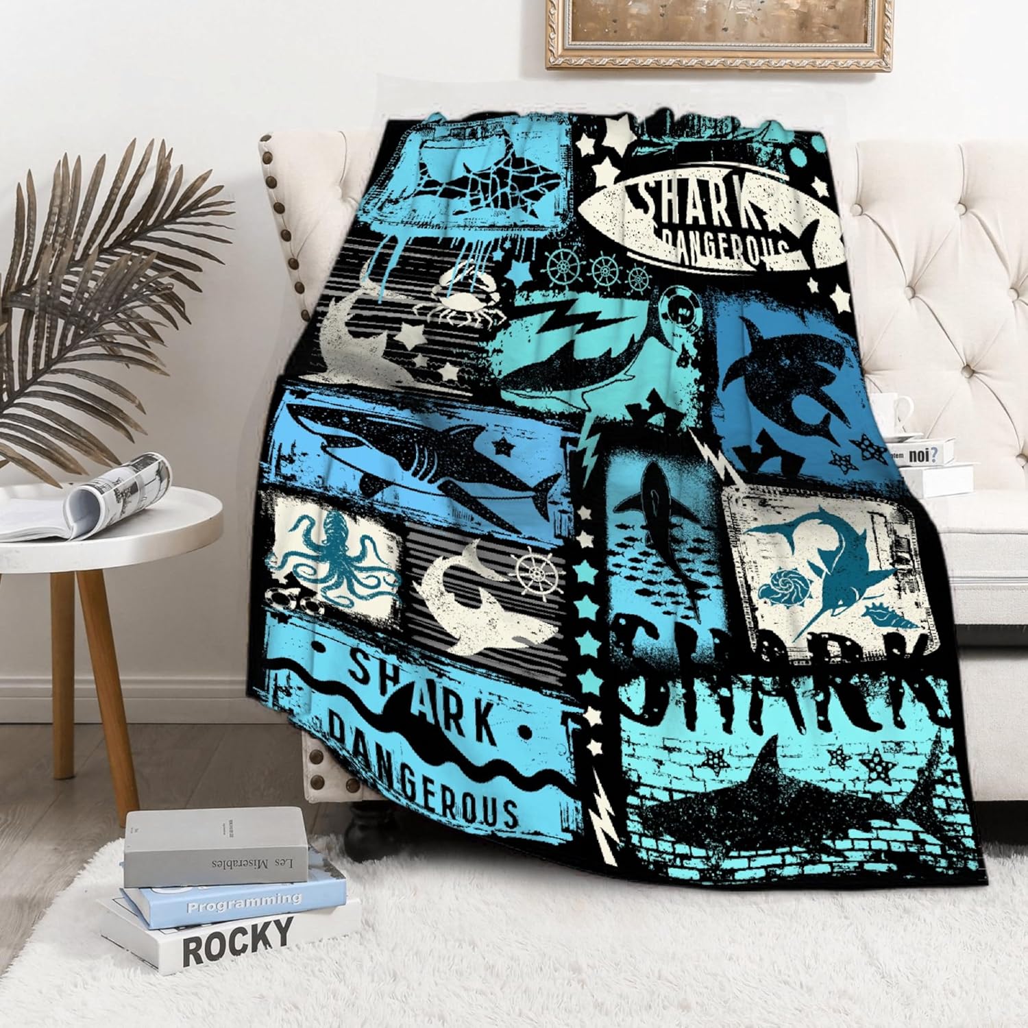 Shark Blanket Funny Graffiti Shark Gift for Girls Boys Kids Adult Shark Ocean Lovers Presents Soft Flannel Throw Blanket for Sofa Couch Bed Travel Plush Warm Cozy Home Decor,60x80 for Full/Queen