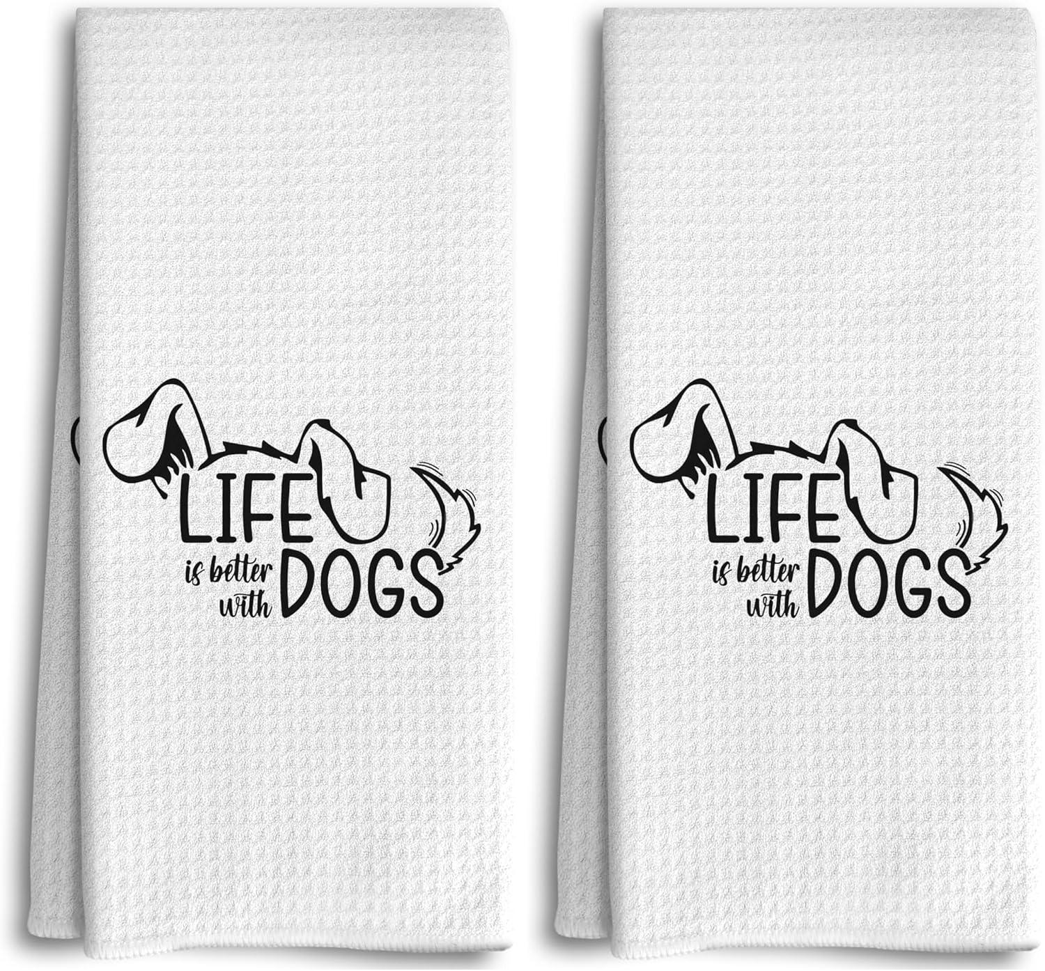 Life Kitchen Dish Towels & Cloths, 16x24 Inches, Cute Dog Ears Pattern, Funny Dogs, Absorbent & Durable for Hands & Bath, Loyal Dog Owner & Mom Gifts (Pack of 2)