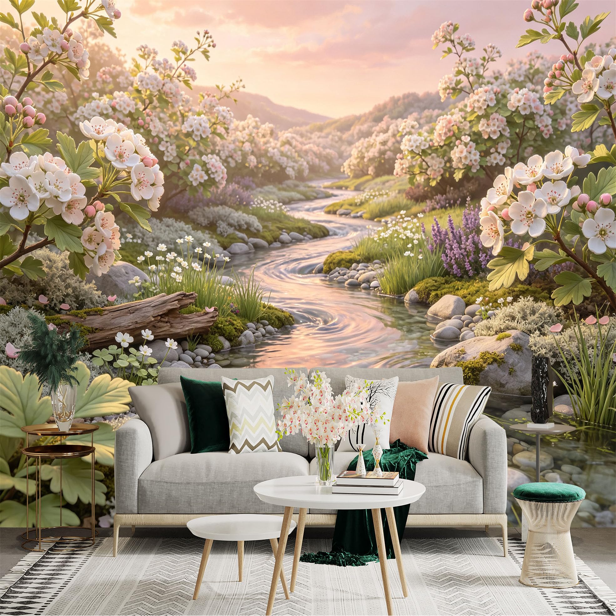 Lnzczhyre Bh260719726 Custom Size Wall Sticker Mural， Serene Creek With Blooming White Flowers， Peaceful Nature Landscape， For Wall Decoration， Peelandstick Wall Decals.