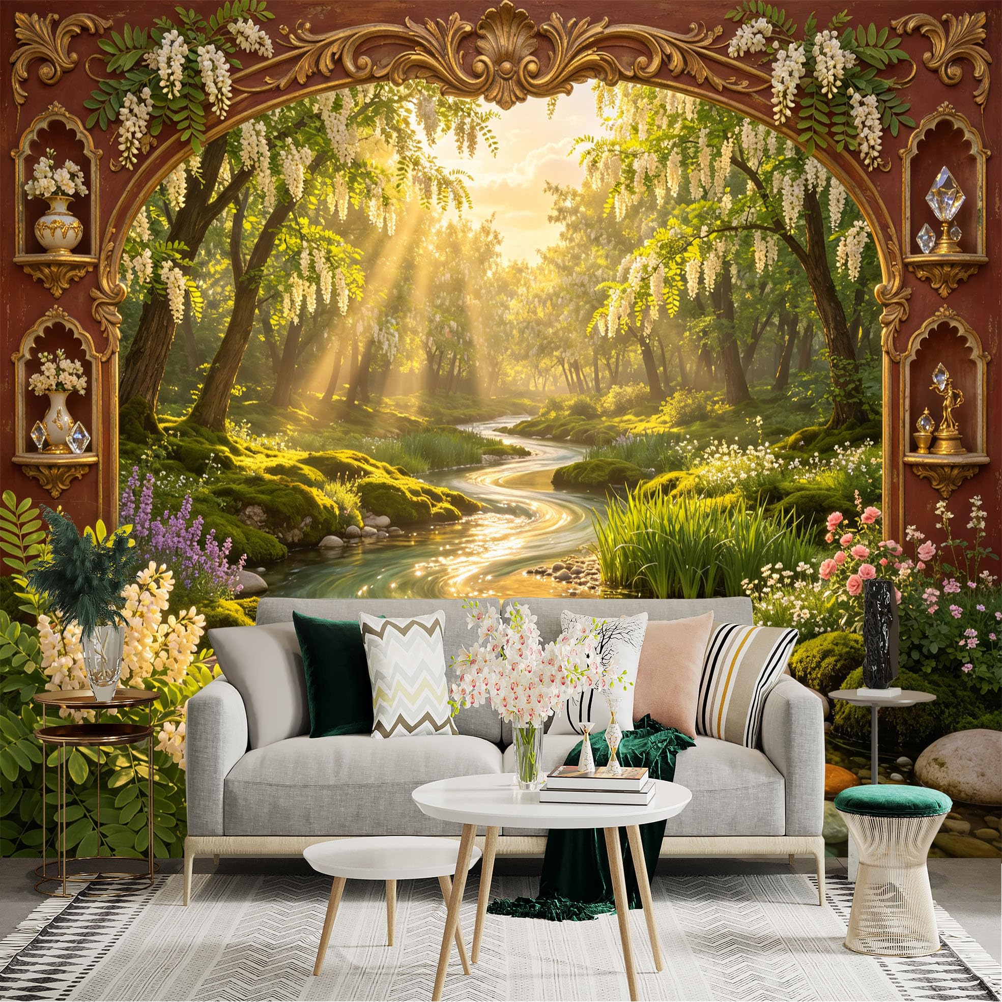 Lnzczhyre Bh260719336 Custom Size Wall Sticker Mural， Enchanted Forest With Flowing River， Sunlit Wooded Stream， Vintage Decorative Archway， Lush Garden View， For Wall Decoration， Peelandstick Wall Decals.