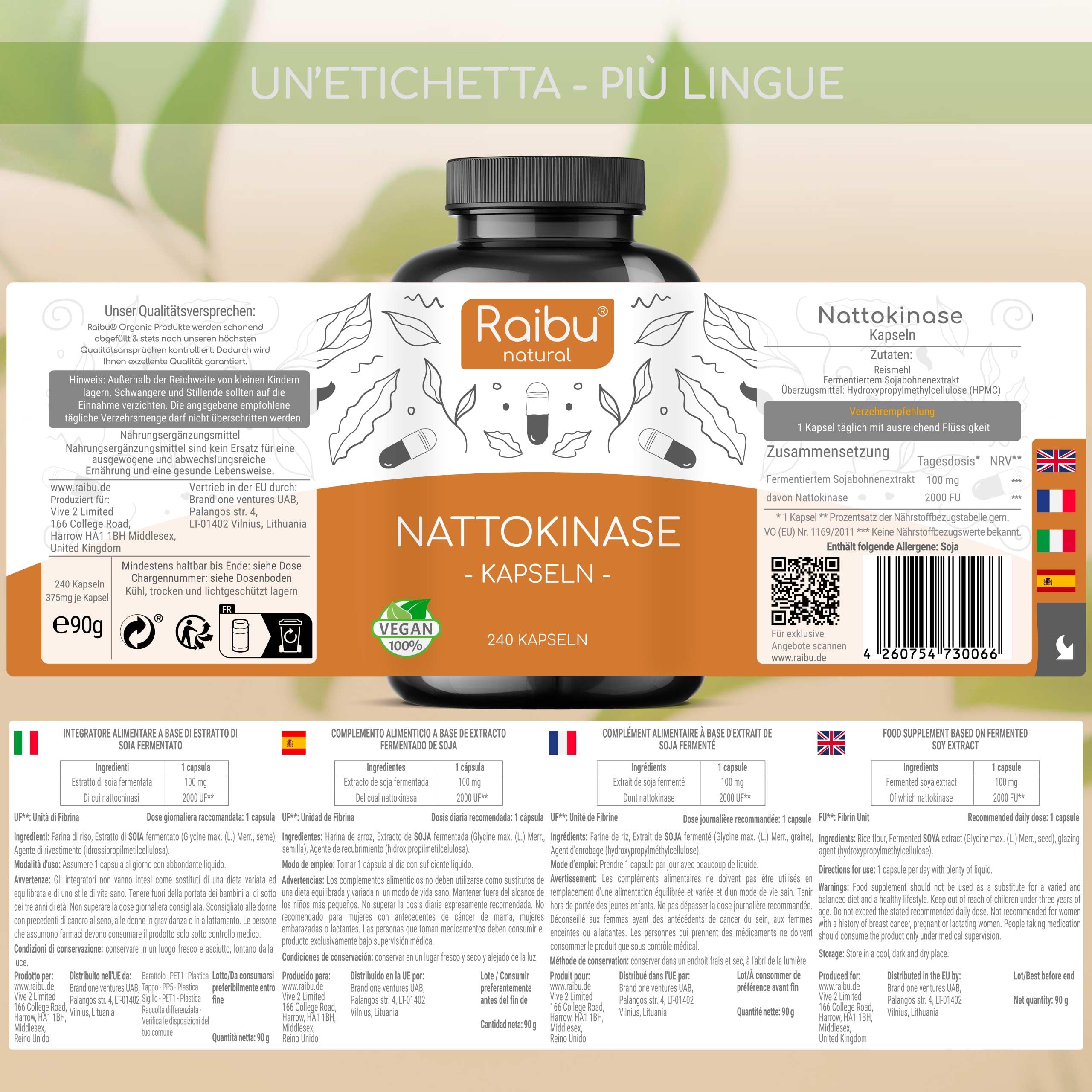 Raibu Nattokinase - Alto Dosaggio 100 mg (Nattokinase 20.000 FU/g) - Natto Giapponese da Soia, 8 Mesi di Fornitura - 240 Capsule, Testato in Laboratorio e Vegano - Senza Additivi