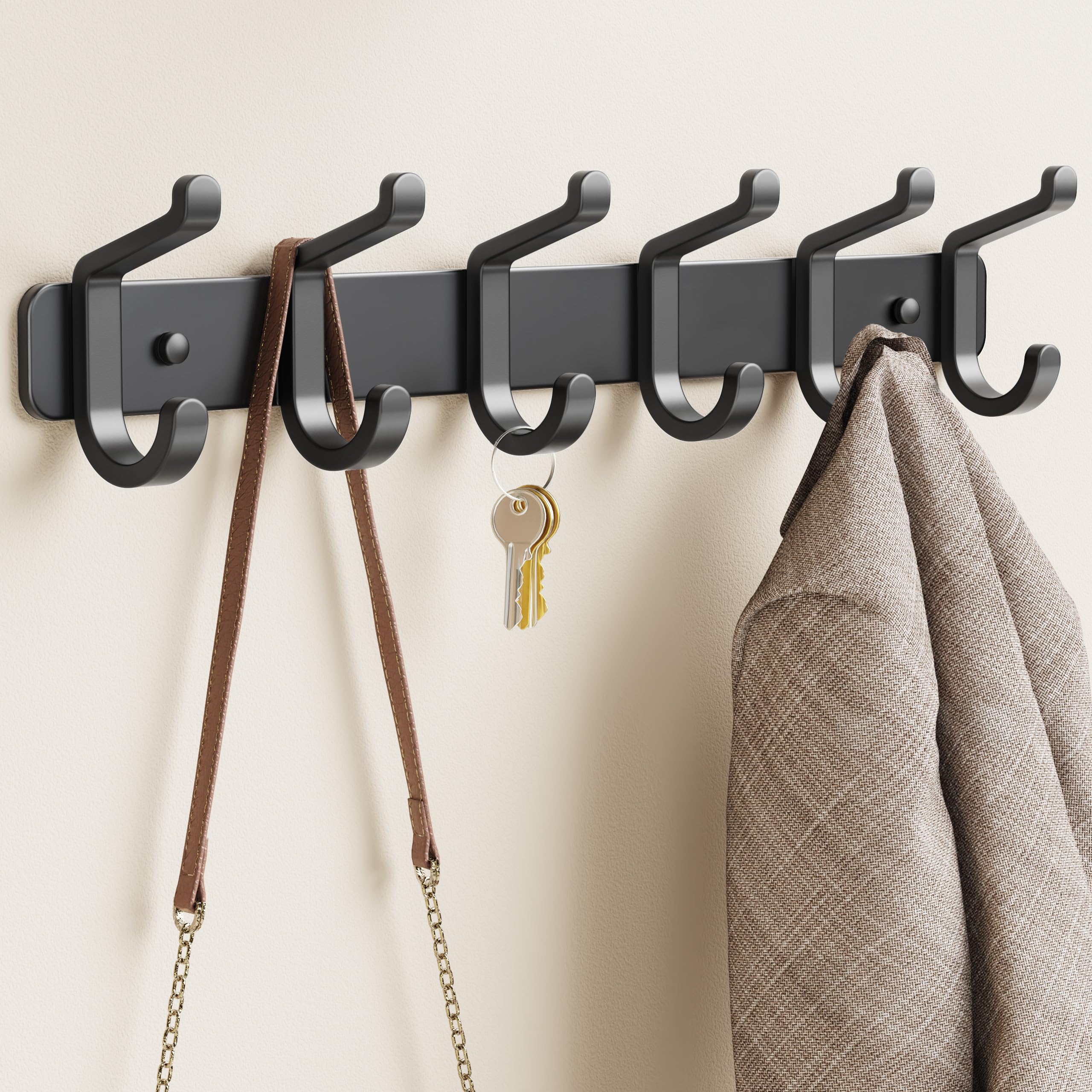 pickpiff Coat Rack Wall Mounted Heavy-Duty: Metal Coat Hanger 6 Hooks for Hanging Hat, Clothes, Robe, Keys, Backpack, Bathroom Towels, Jacket, Purse - Closet, Door, Entryway, Mudroom (Black, 1 Pack)