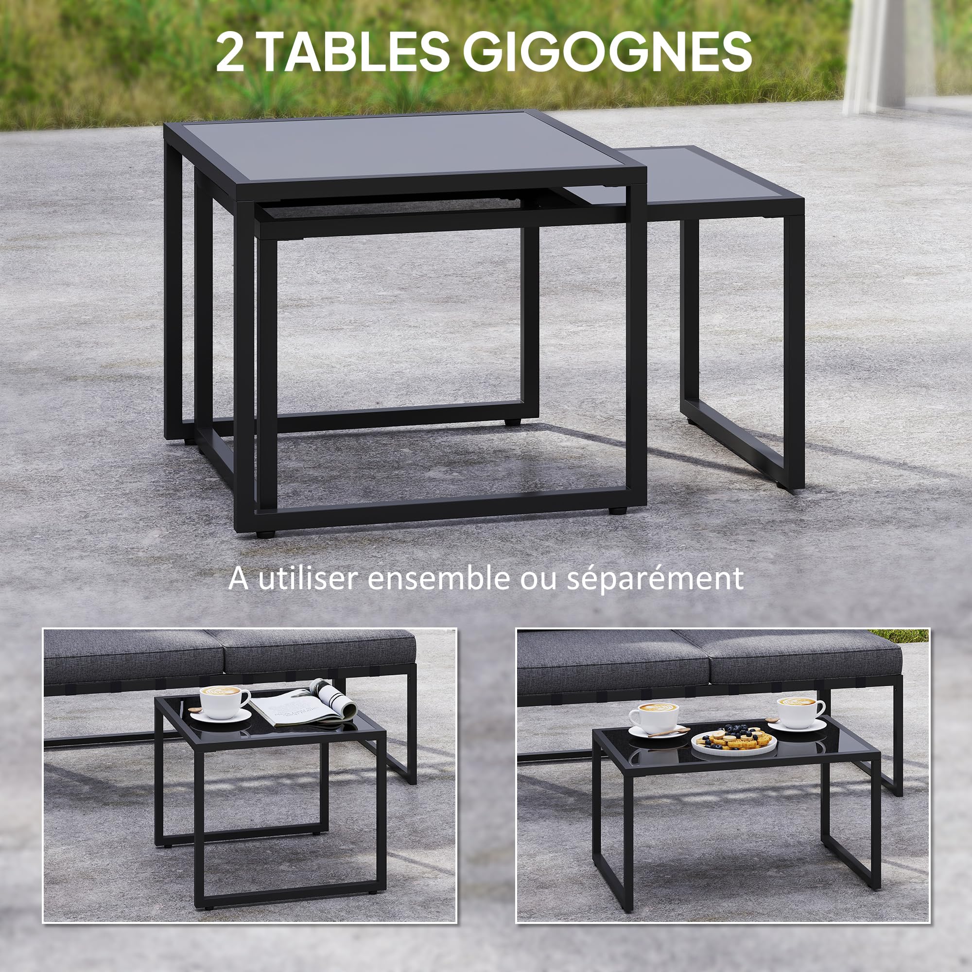 Outsunny Soggiorno da giardino esterno angolare 4 pezzi con divano a 3 posti e 2 posti, 2 tavolini estraibili in vetro temperato, cuscini inclusi, veranda grigio