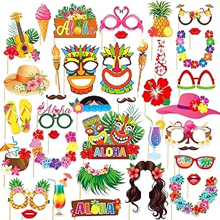 48PCS Luau Photo Booth Props Hawaiian Tiki Party Decorations Hawaiian Themed Party Supplies Tropical Party Favors Photo Booth for Summer Pool Beach Birthday Wedding Baby Shower Supplies