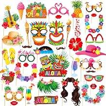 48PCS Luau Photo Booth Props Hawaiian Tiki Party Decorations Hawaiian Themed Party Supplies Tropical Party Favors Photo Booth for Summer Pool Beach Birthday Wedding Baby Shower Supplies