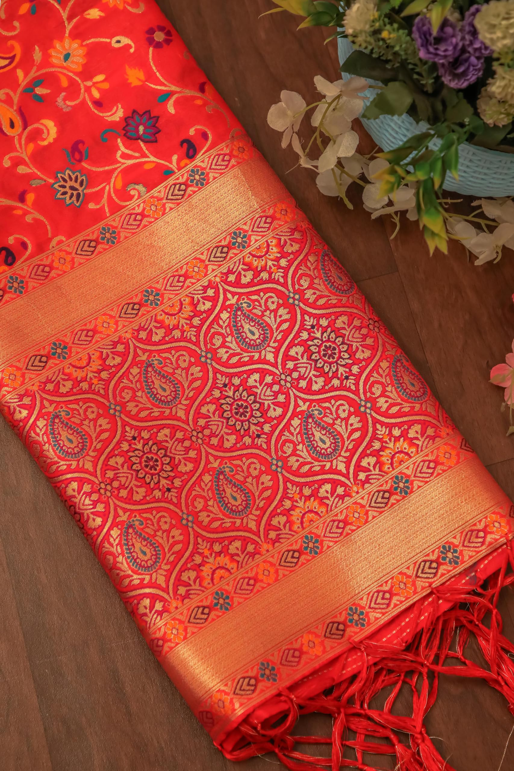 DEVANGI Women's Woven Banarasi Kashmiri Silk Jacquard Dupatta/Chunni with Meena Work, Width 1 Meter, Length 2.5 Meter (OM-DT-21-RED-F) 3